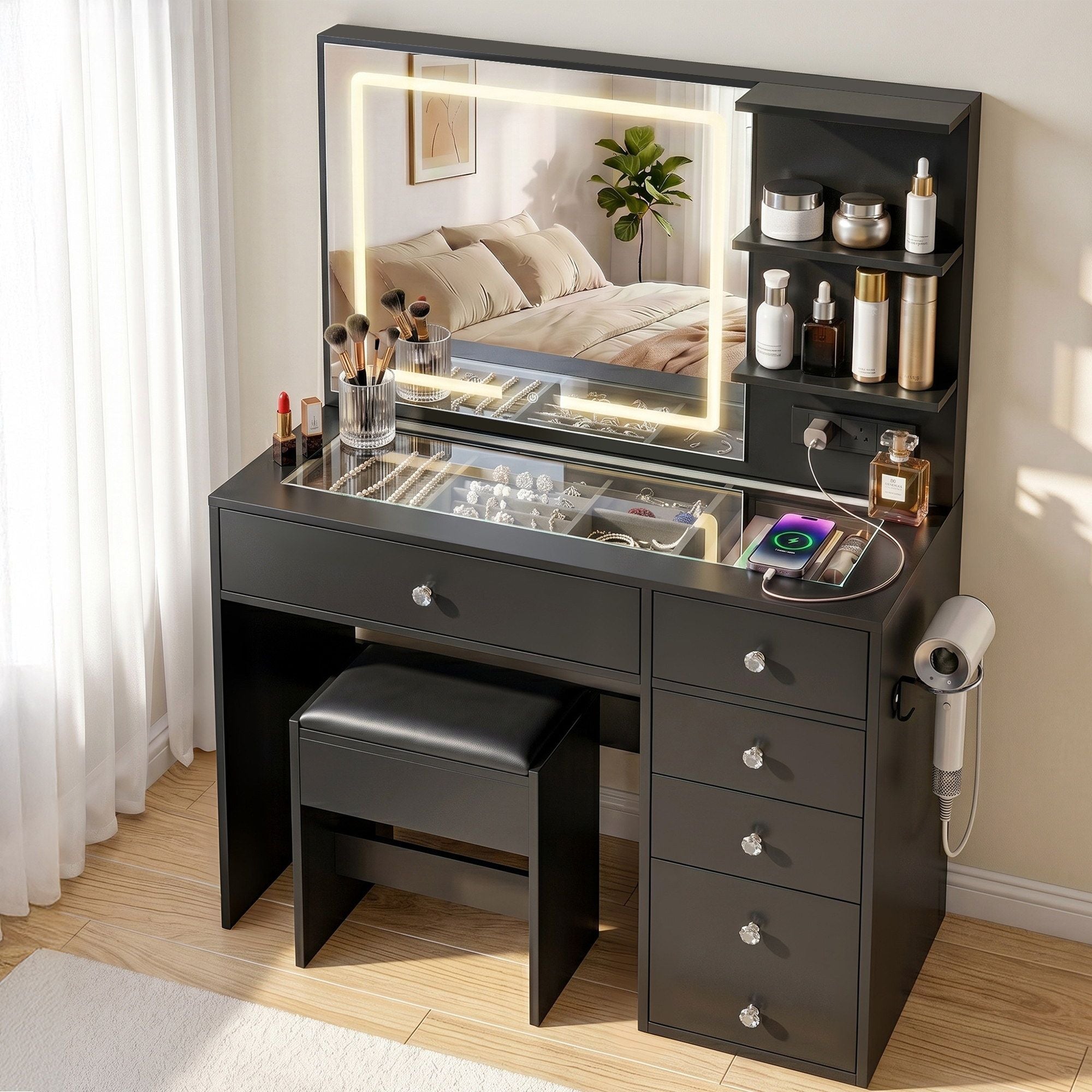 Dressing Table LED Vanity Desk Set Stool Black