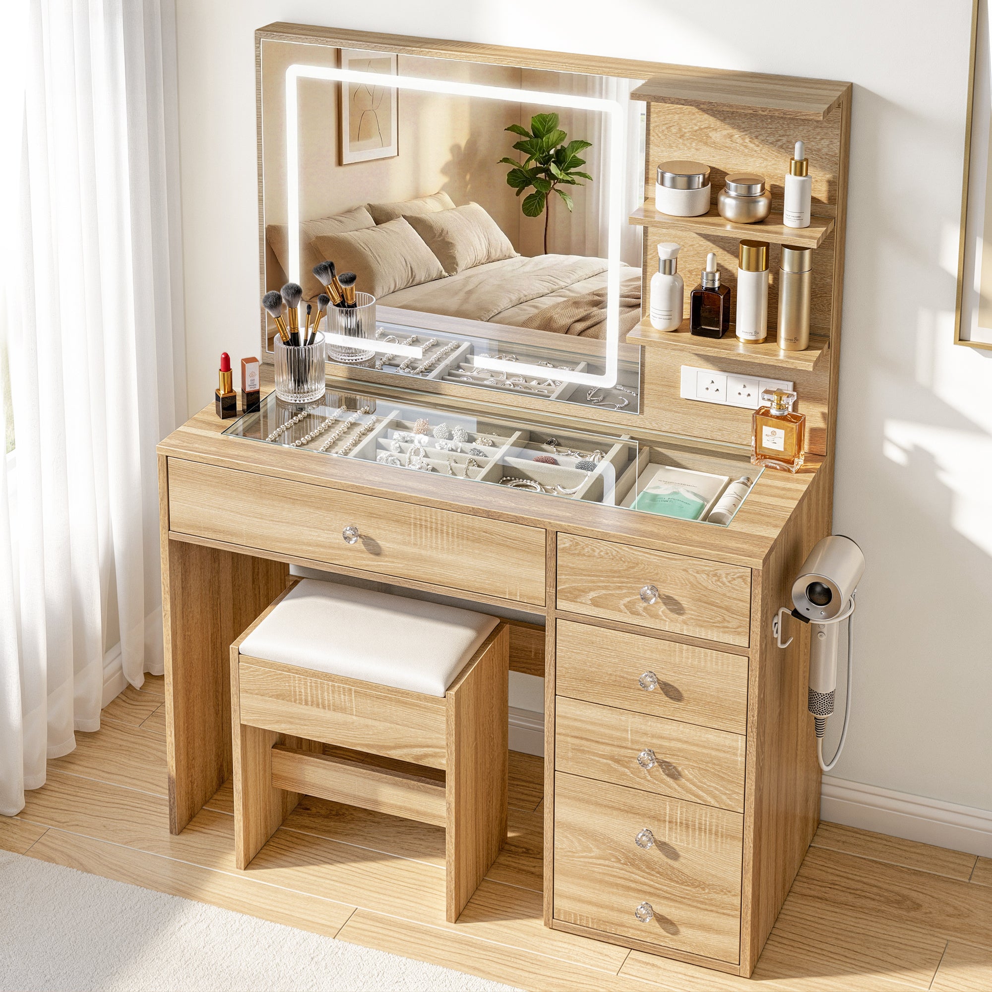 modern dressing table with mirror and stool Dressing Table LED Vanity Desk Set Stool Wood