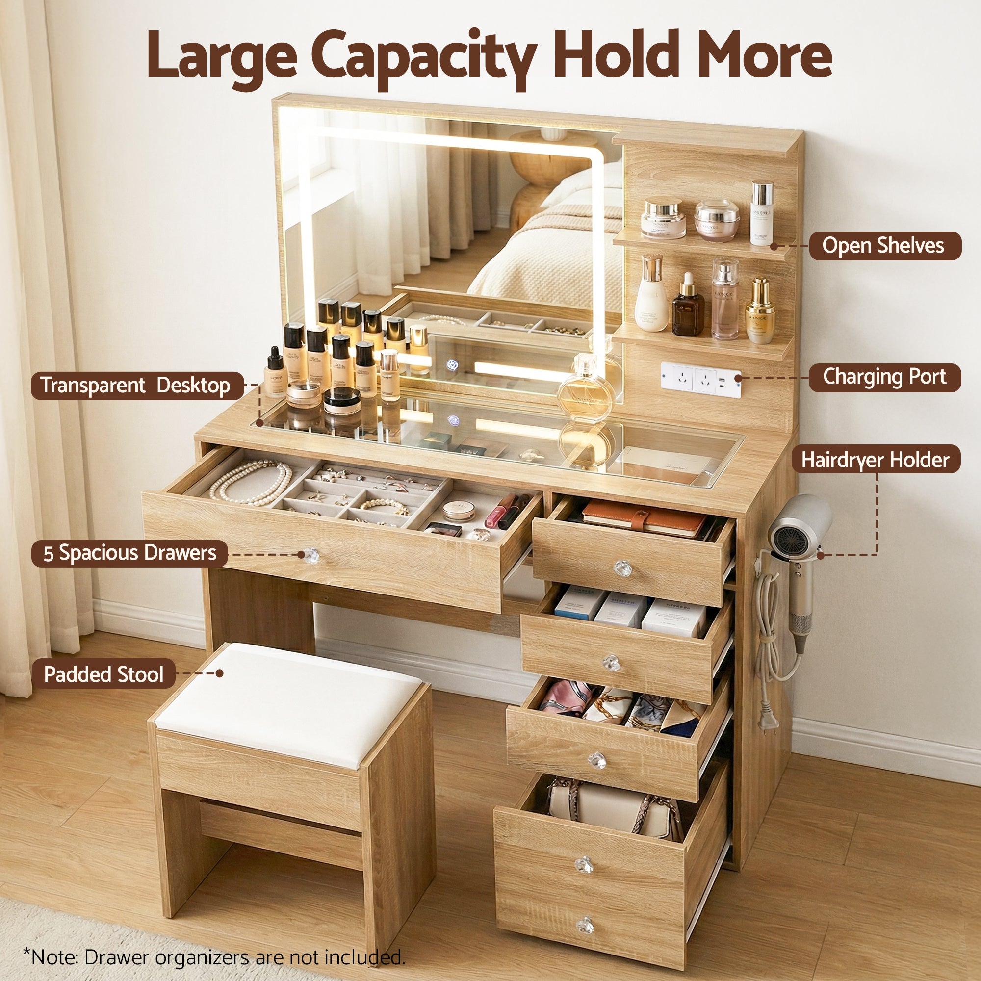 Dressing Table LED Vanity Desk Set Stool Wood