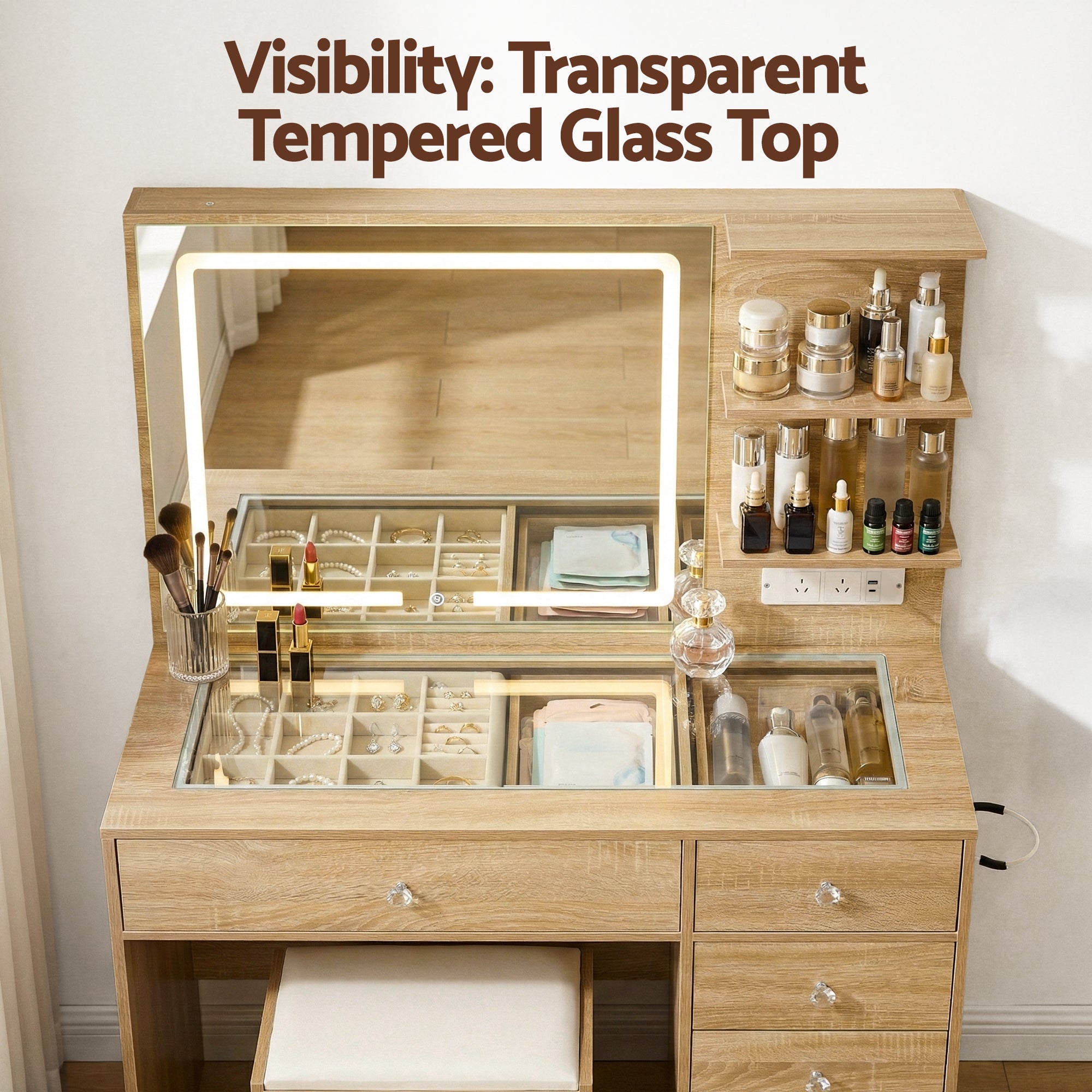 Dressing Table LED Vanity Desk Set Stool Wood