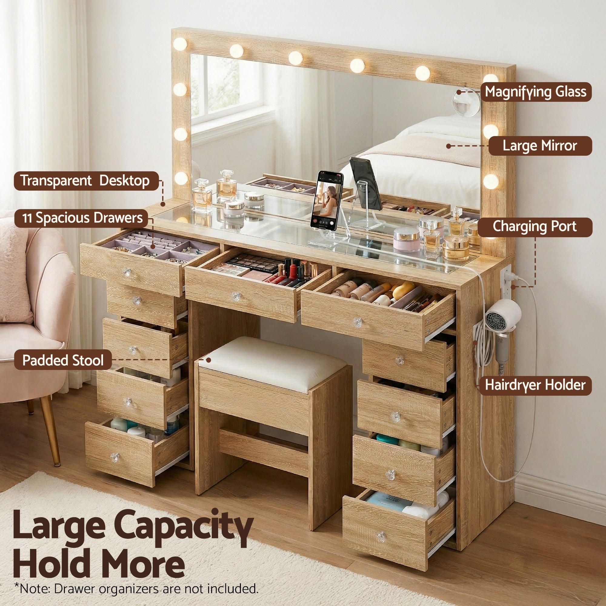 Dressing Table Vanity Desk Set Stool LED Bulbs Wood with large mirror, 11 drawers, padded stool, and charging port