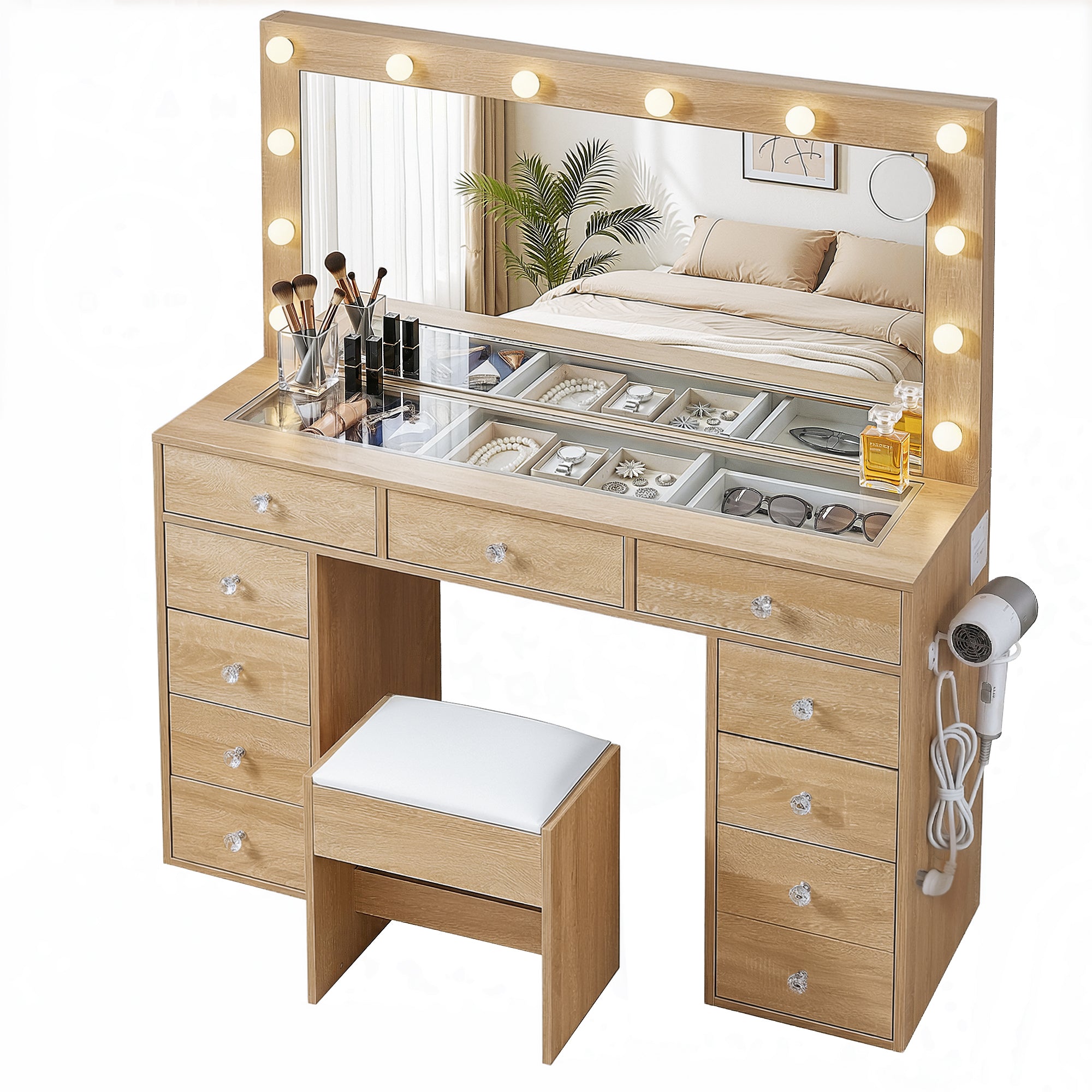 Dressing Table Vanity Desk Set Stool LED Bulbs Wood with mirror, multiple drawers, stool, and hanging hairdryer holder
