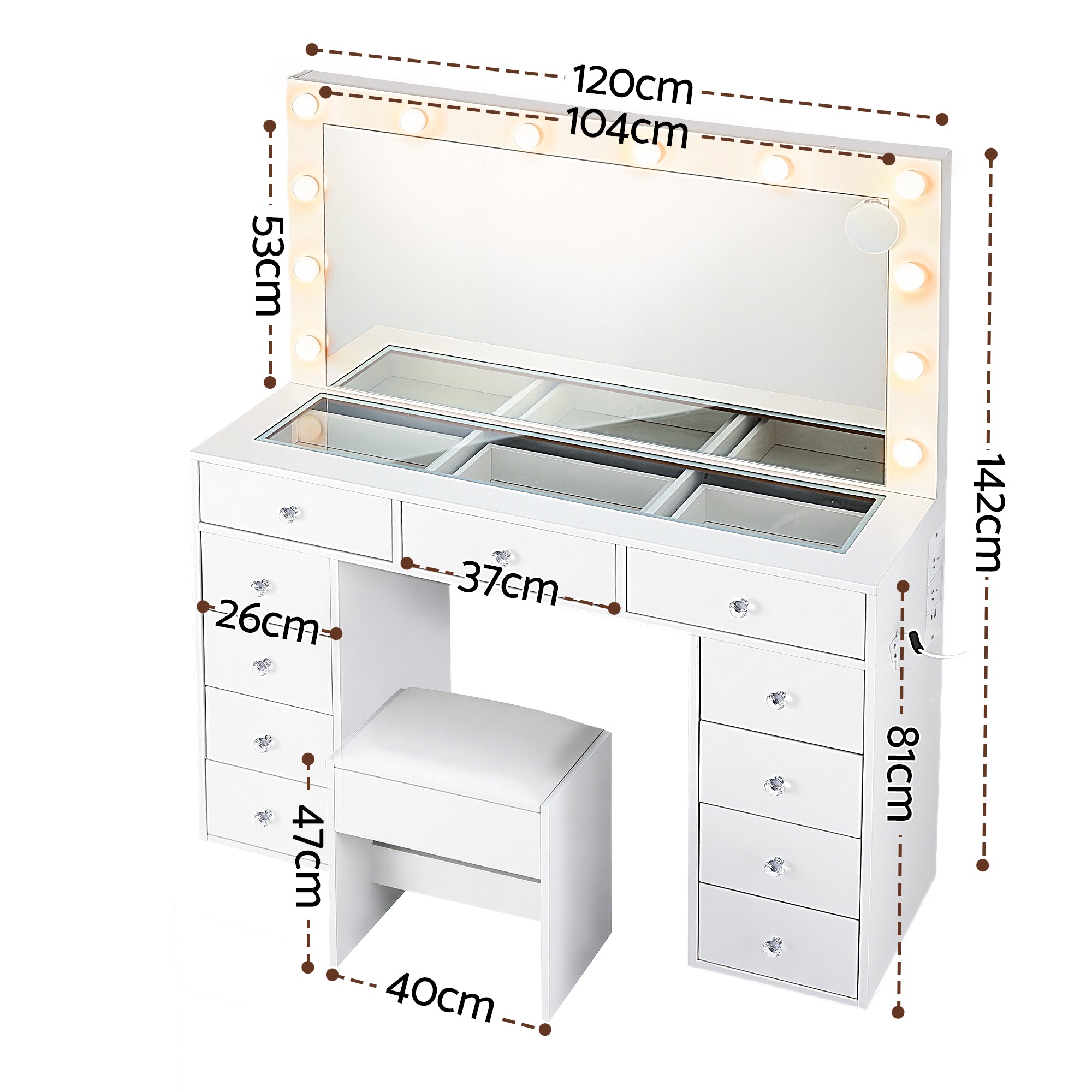 Dressing Table Vanity Desk Set Stool LED Bulbs White with large mirror, multiple drawers, and cushioned stool in white finish