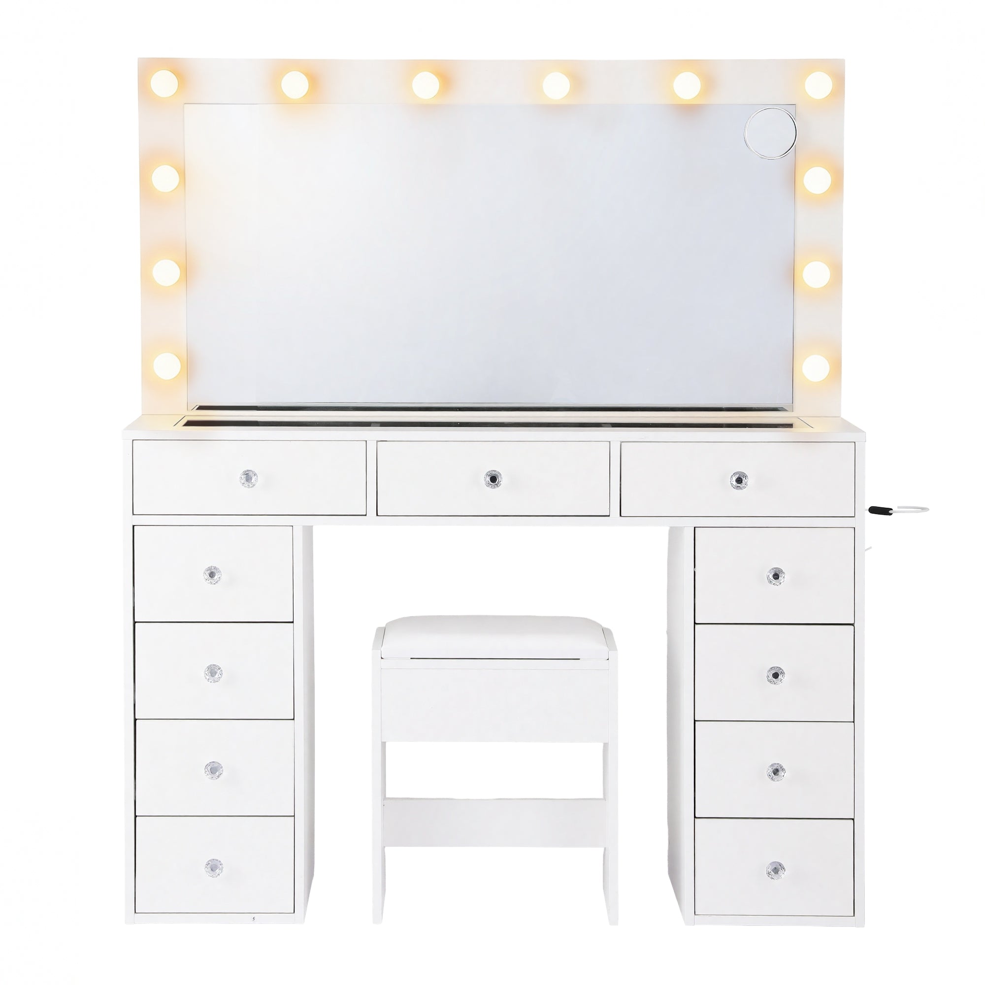 Dressing Table Vanity Desk Set Stool LED Bulbs White with large mirror, multiple drawers, and cushioned stool on white background