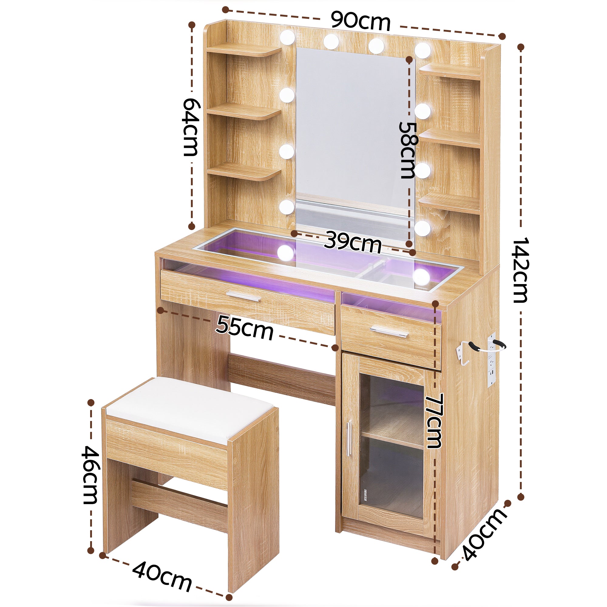 Dressing Table Vanity Desk Set 10 LED Bulbs RGB Light Wood with mirror, storage shelves, drawers, and matching stool.