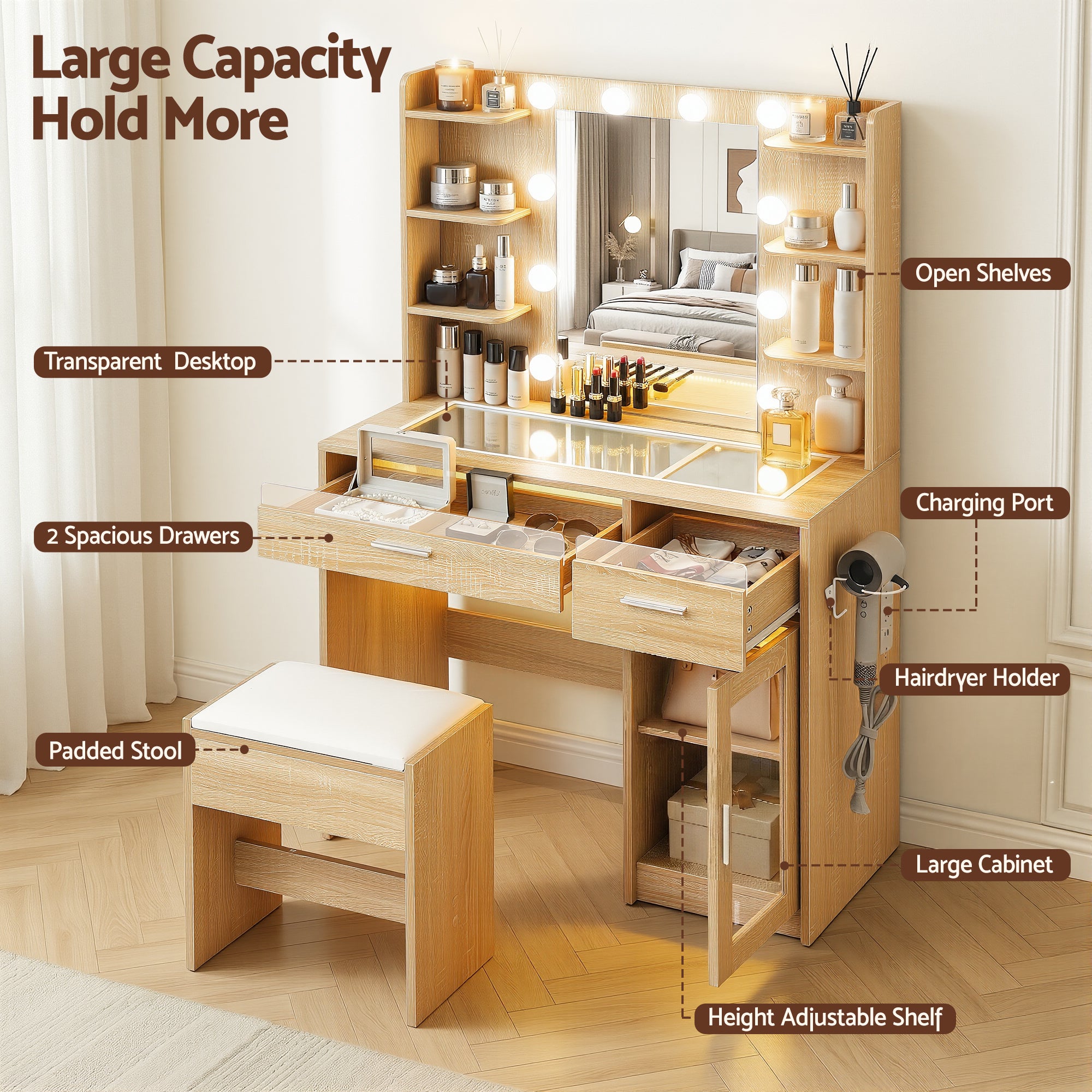 Dressing Table Vanity Desk Set 10 LED Bulbs RGB Light Wood with drawers, shelves, mirror, padded stool, and charging port
