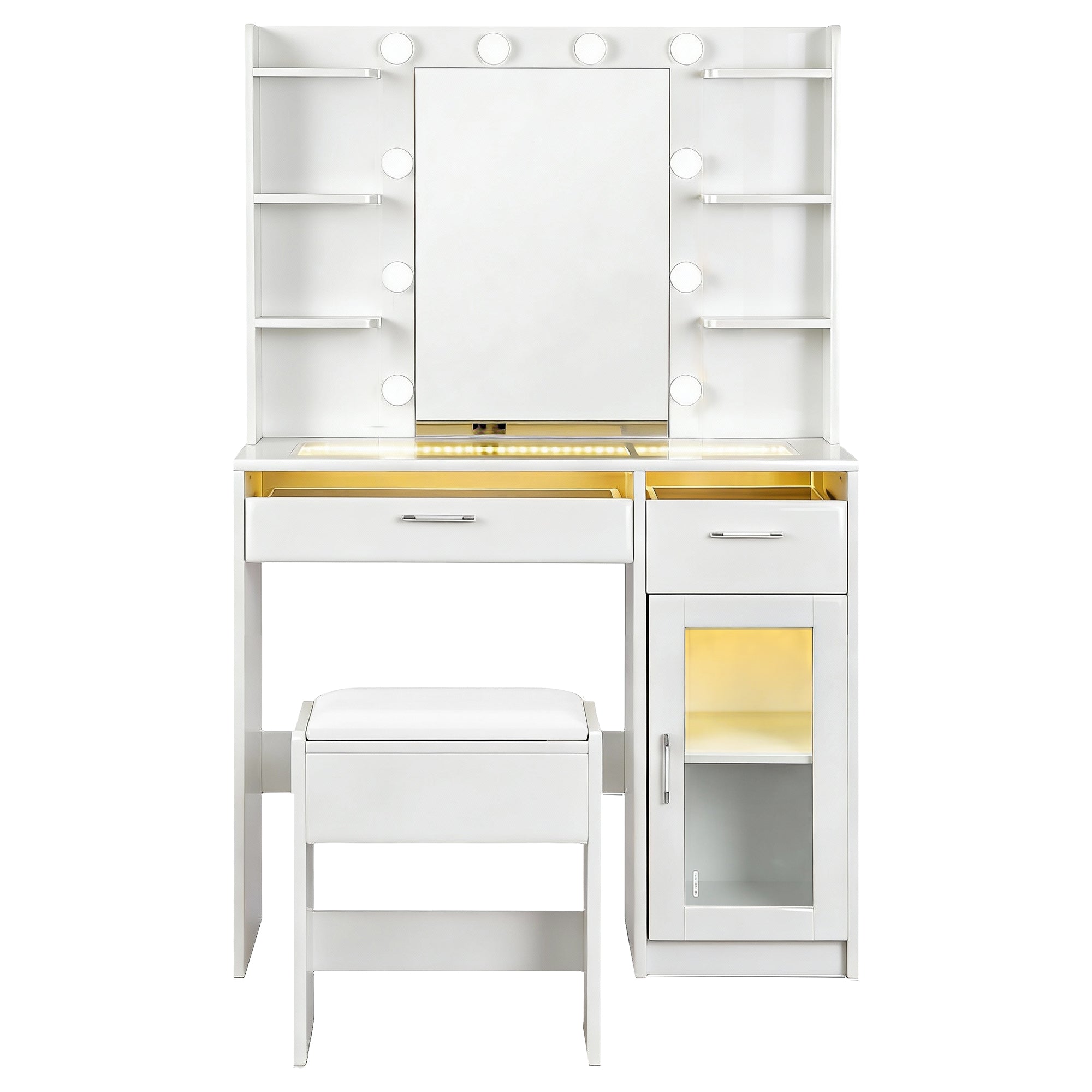 Dressing Table Vanity Desk Set 10 LED Bulbs RGB Light White with mirror, shelves, drawers, and cushioned stool in white finish