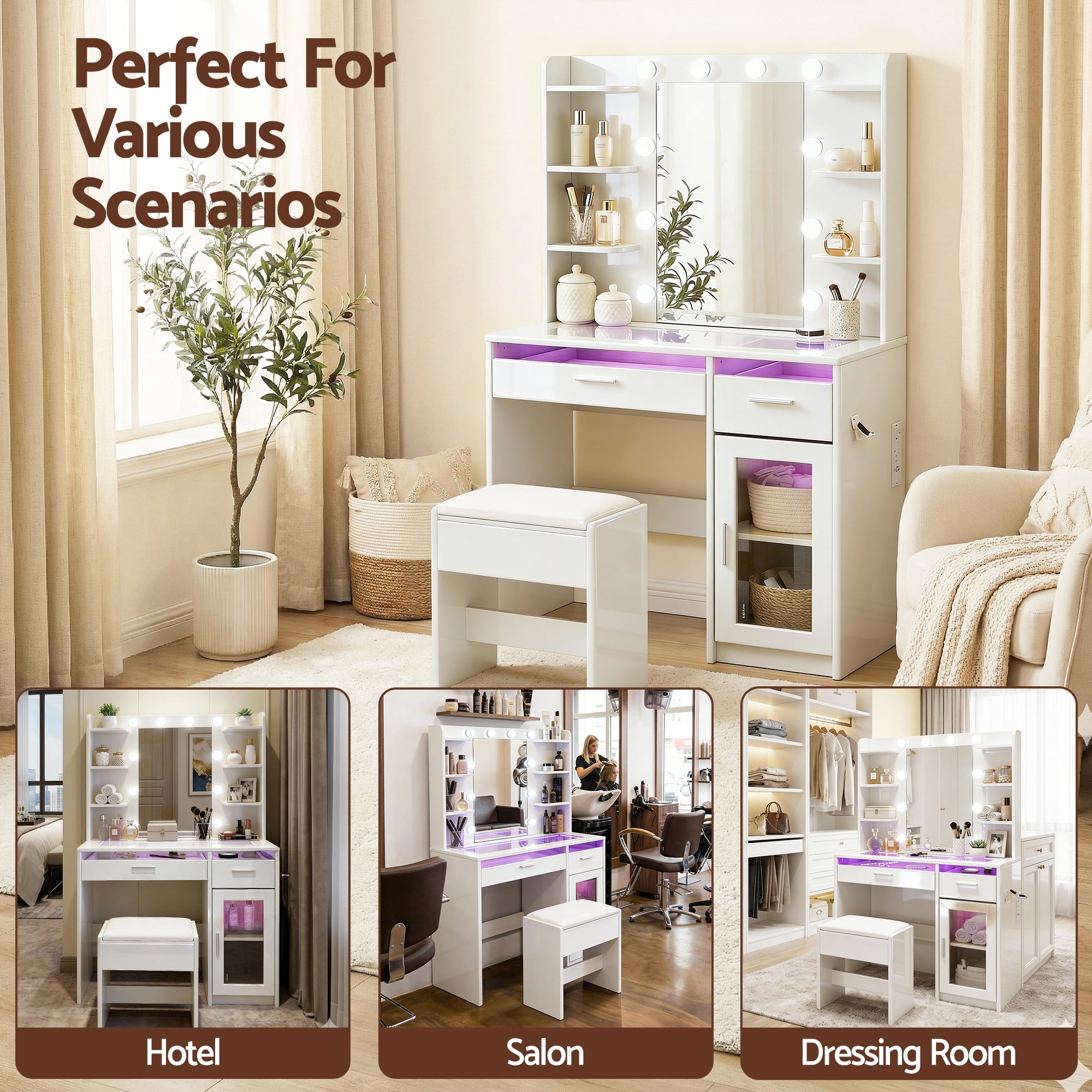 Dressing Table Vanity Desk Set 10 LED Bulbs RGB Light White with storage shelves and cushioned stool in bright room settings