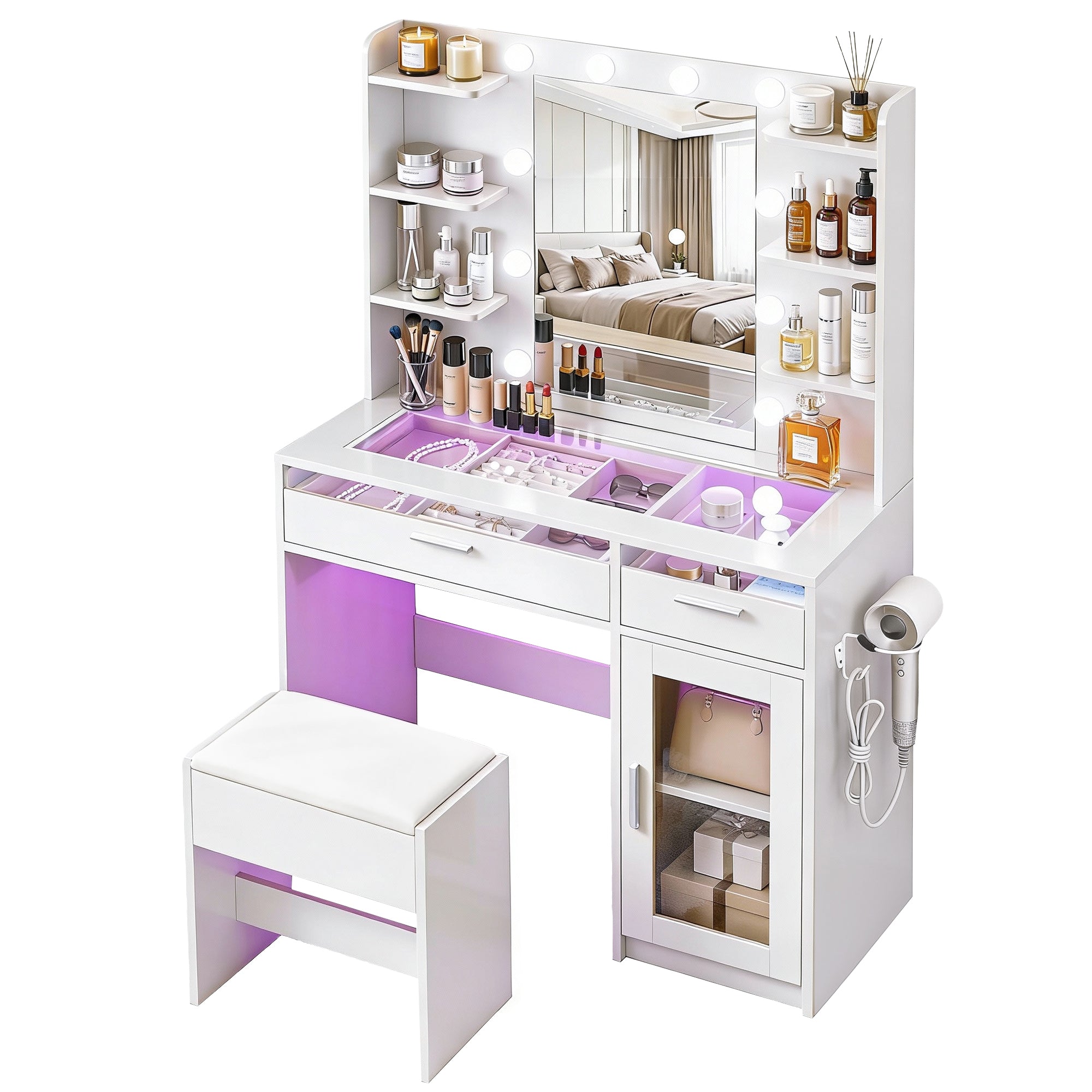 Dressing Table Vanity Desk Set 10 LED Bulbs RGB Light White with mirror, shelves, drawers, and cushioned stool in white finish
