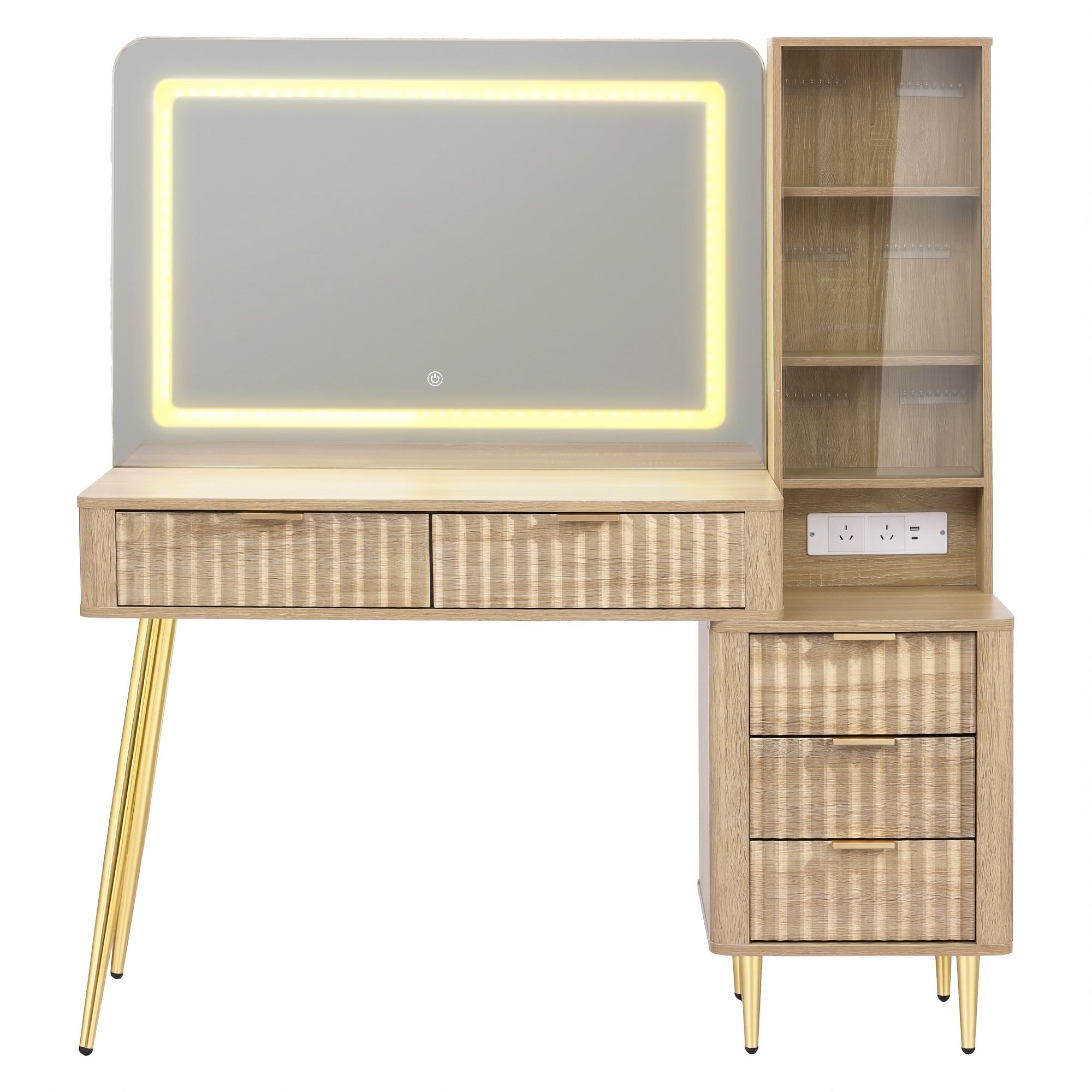 Dressing Table LED Vanity Desk Charging Station Wood with illuminated mirror, gold legs, drawers, and built-in power outlet