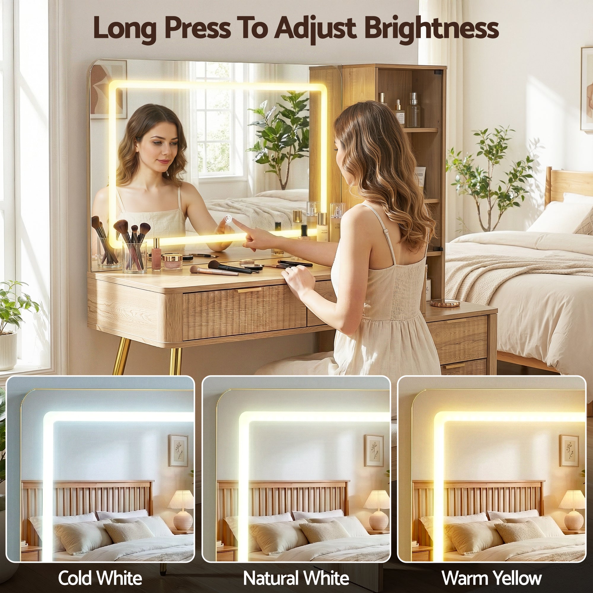 Dressing Table LED Vanity Desk Charging Station Wood with illuminated mirror showing adjustable LED lighting modes