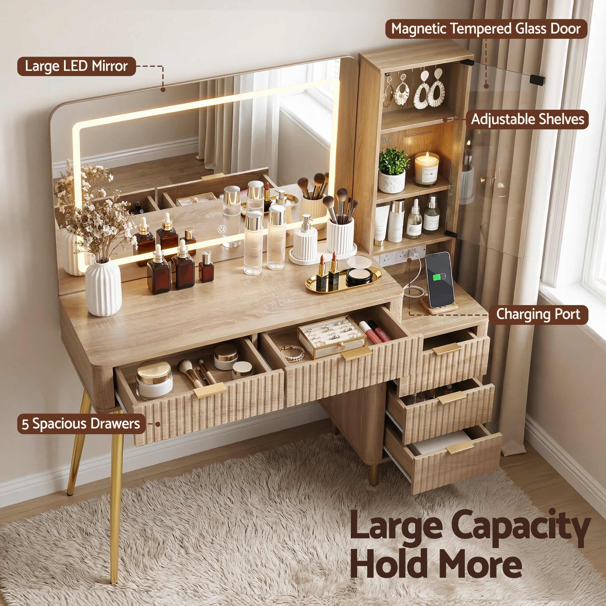 Dressing Table LED Vanity Desk Charging Station Wood with large LED mirror, magnetic glass door, drawers, shelves, and charging port