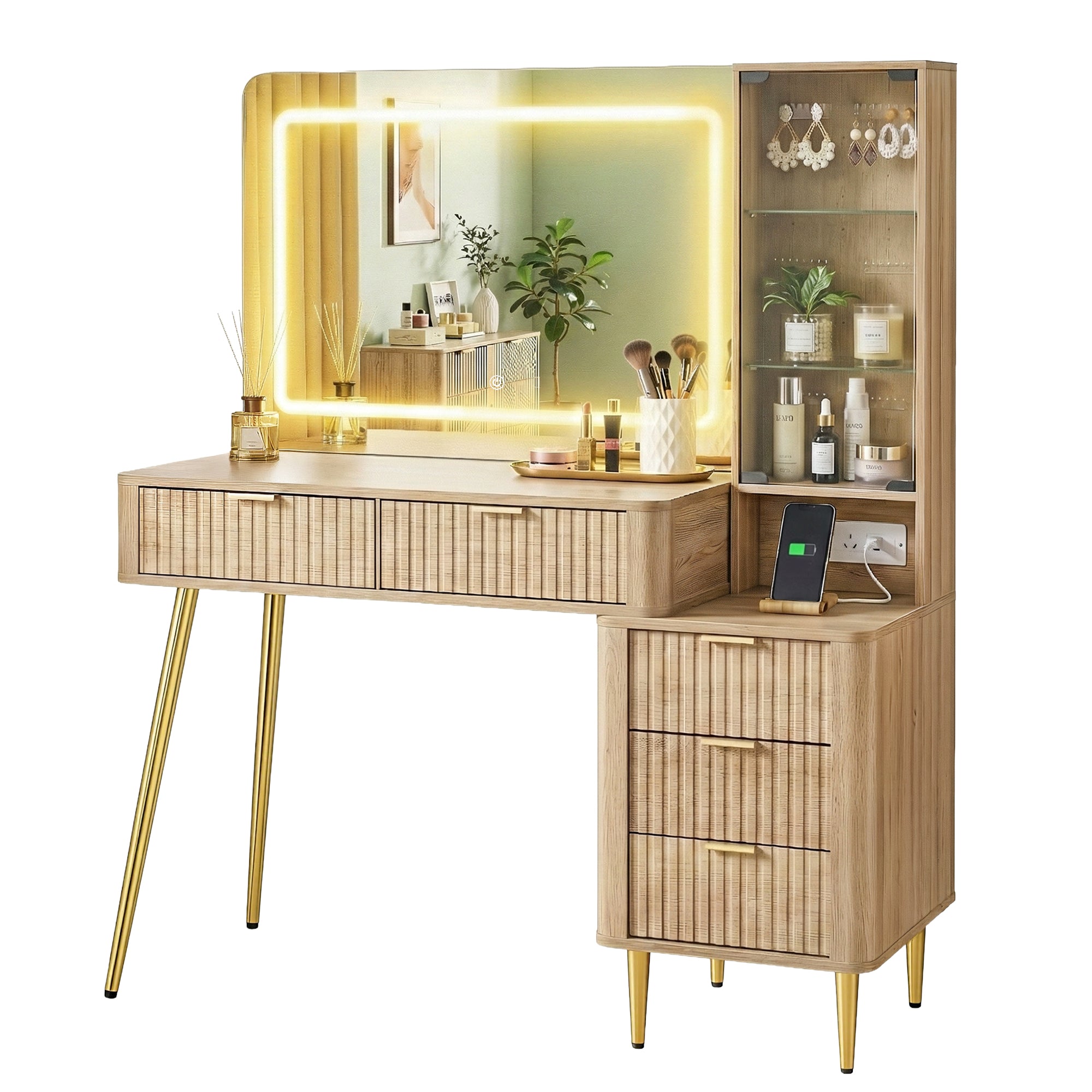 Dressing Table LED Vanity Desk Charging Station Wood with illuminated mirror, gold legs, storage drawers, and glass display cabinet