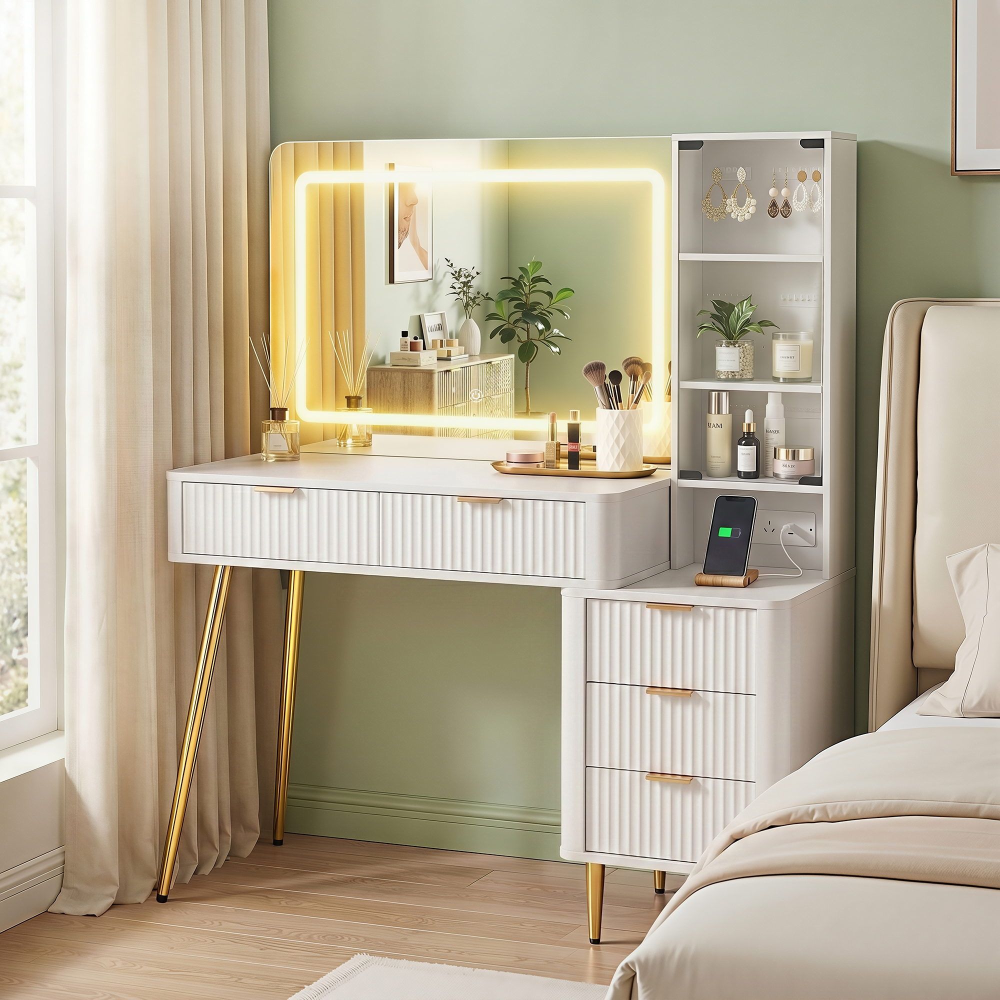 LED Dressing Table Vanity Desk with Charging Station - White