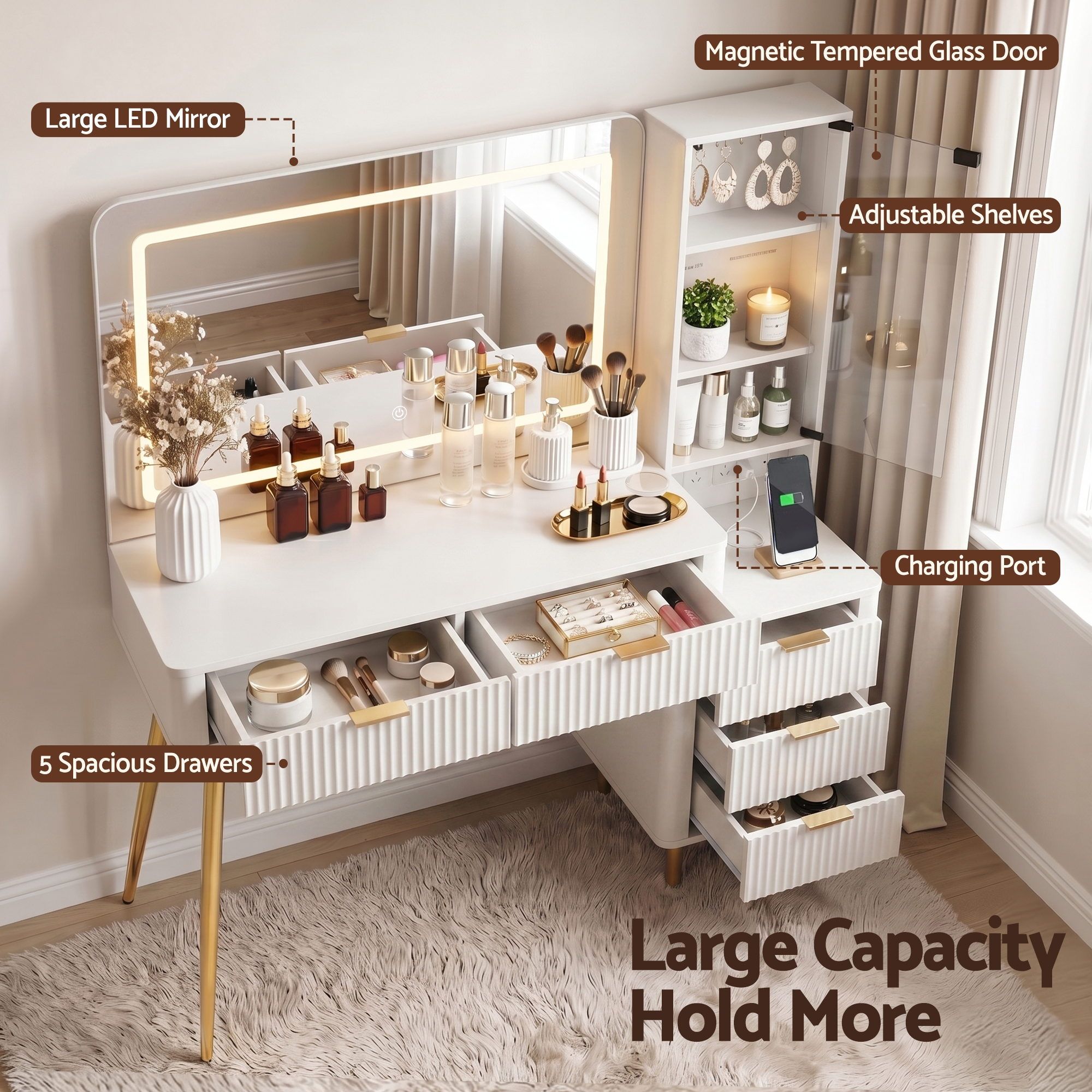 LED Dressing Table Vanity Desk with Charging Station - White