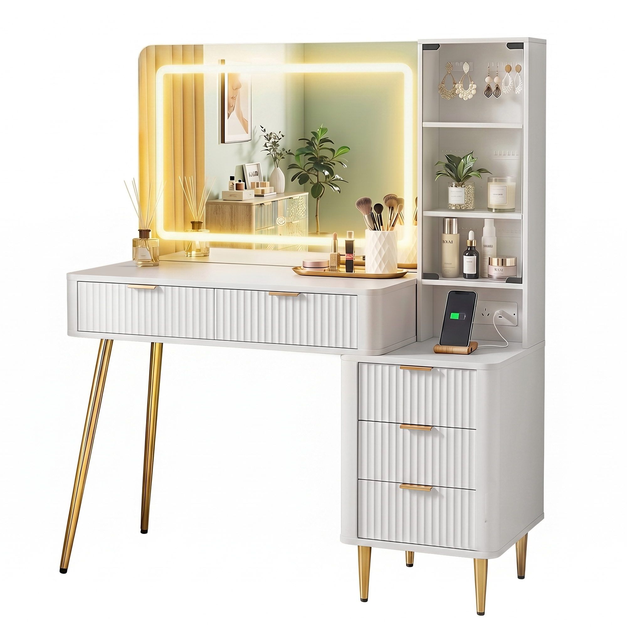 LED Dressing Table Vanity Desk with Charging Station - White