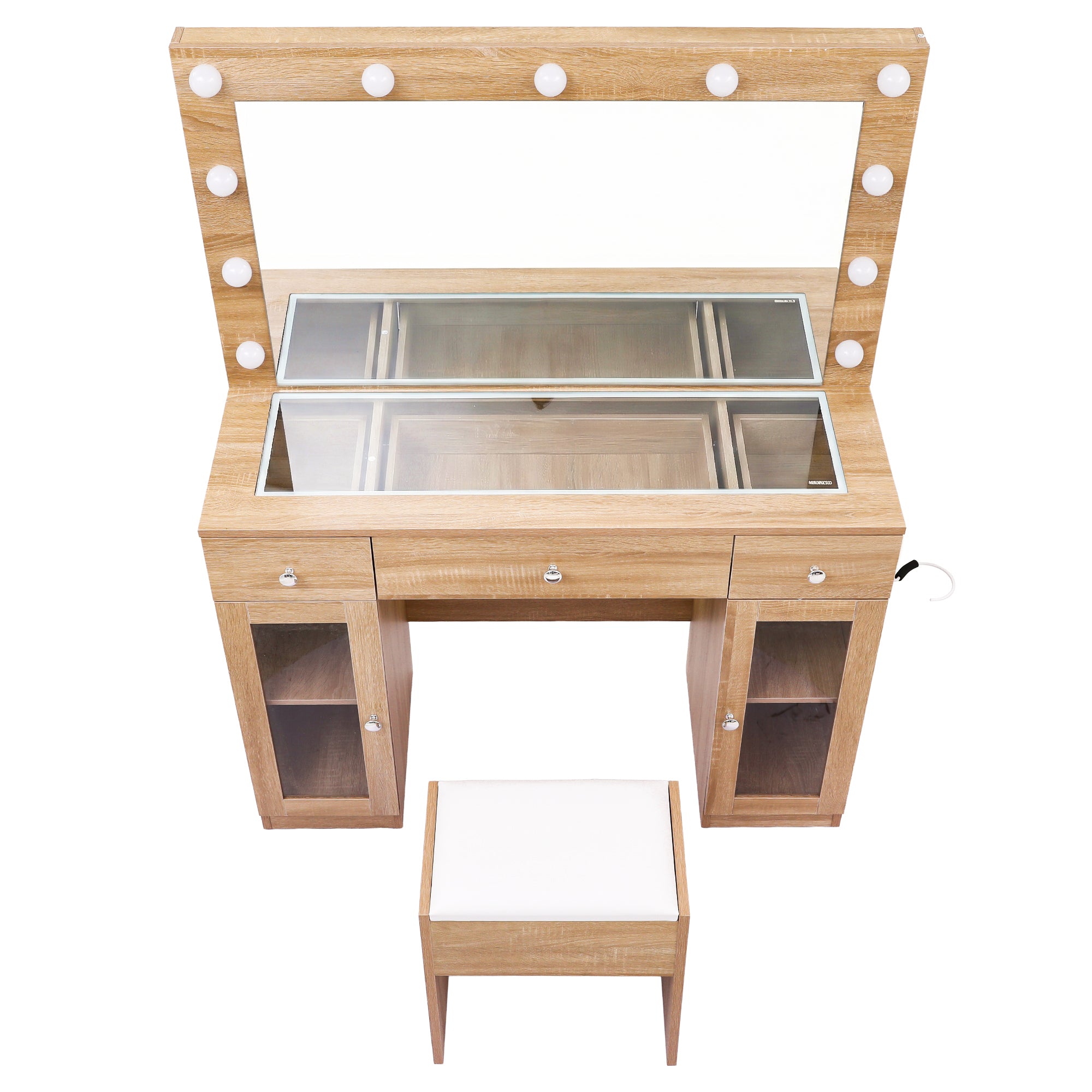 Dressing Table Vanity Desk Set with LED RGB Bulbs and Storage - Wood