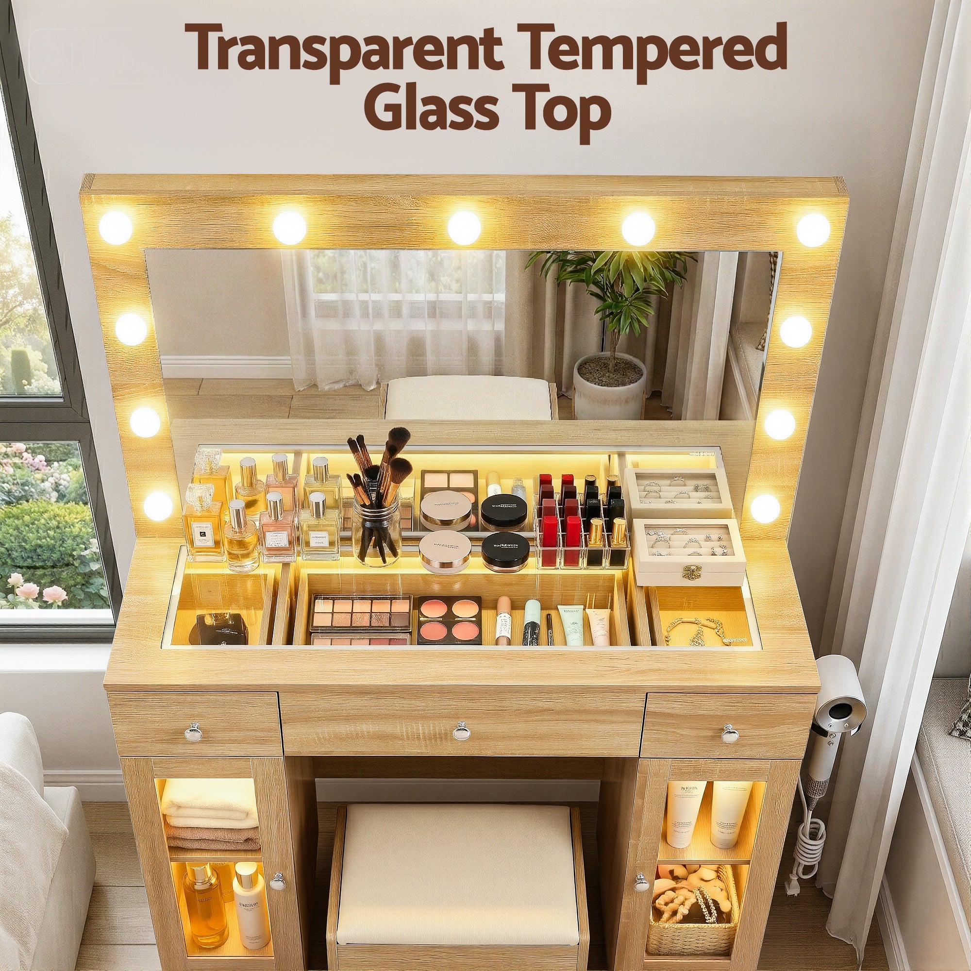 Dressing Table Vanity Desk Set with LED RGB Bulbs and Storage - Wood