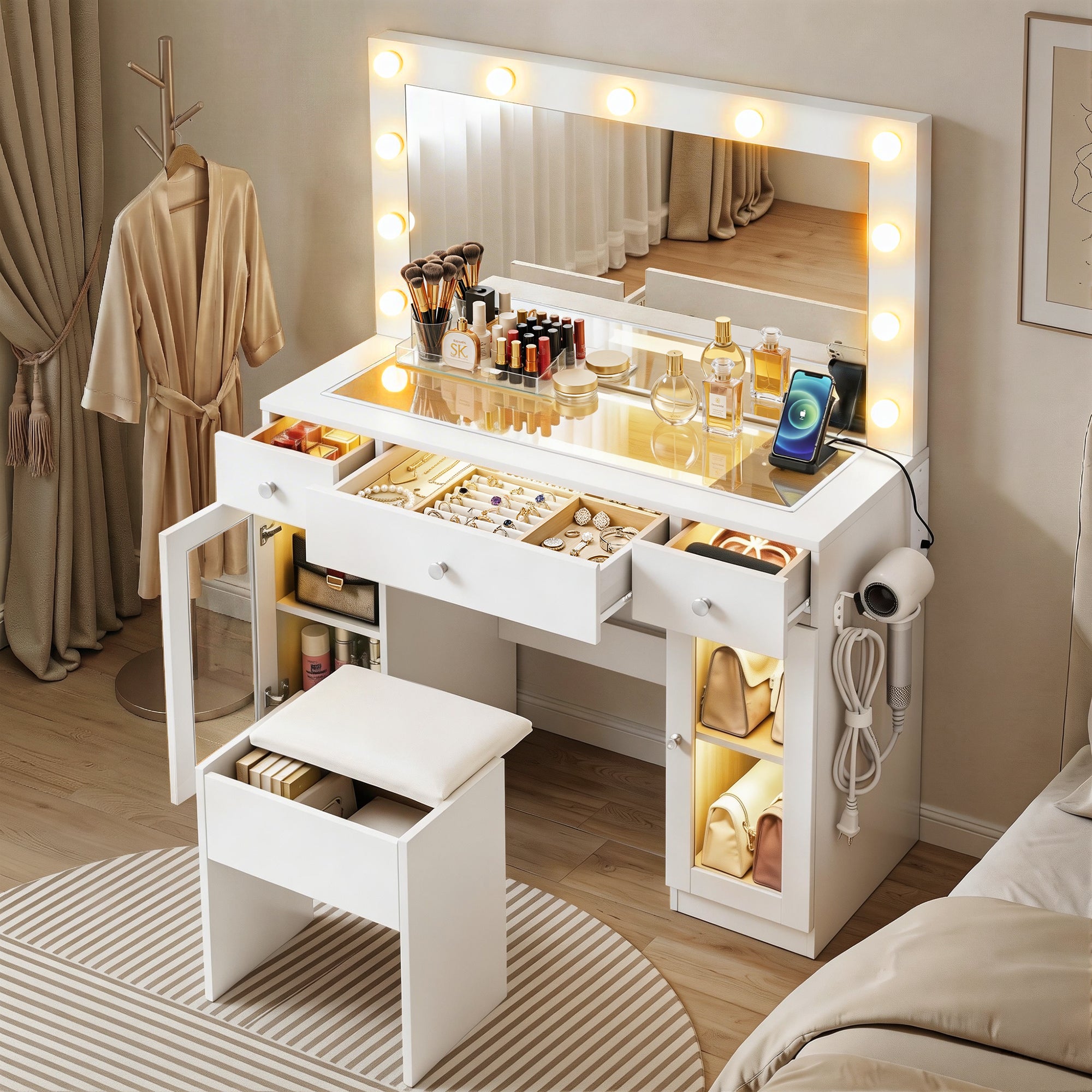 Dressing Table Vanity Desk Set with LED Bulbs and RGB Lighting - White