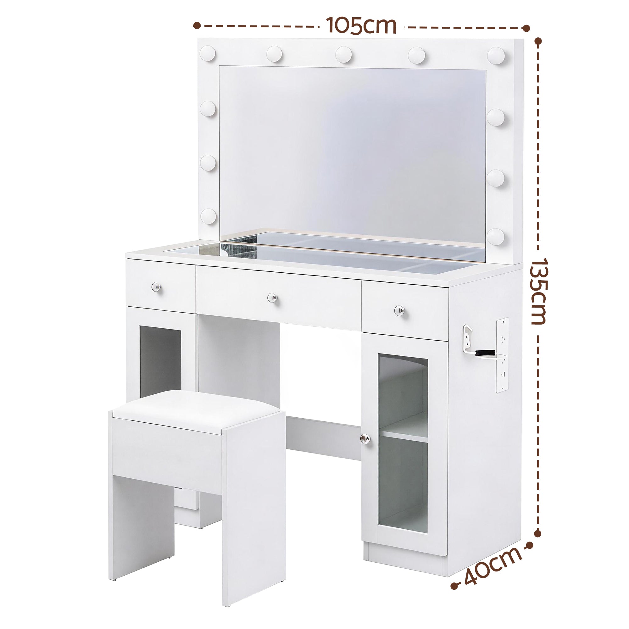 Dressing Table Vanity Desk Set with LED Bulbs and RGB Lighting - White