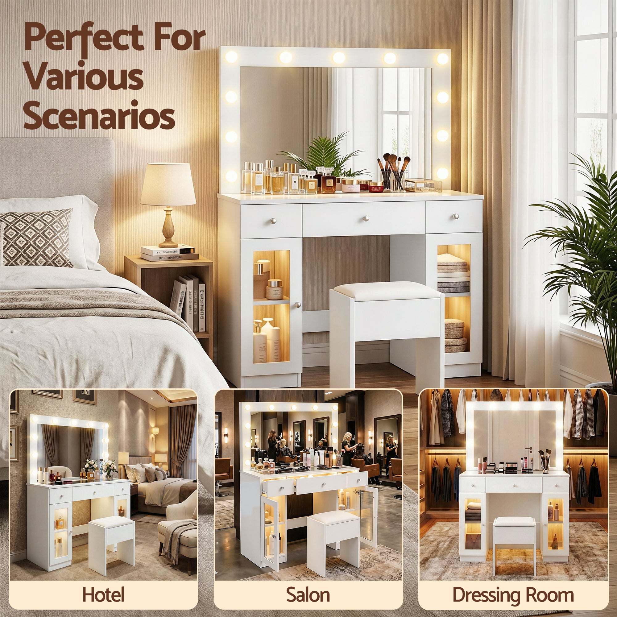 Dressing Table Vanity Desk Set with LED Bulbs and RGB Lighting - White