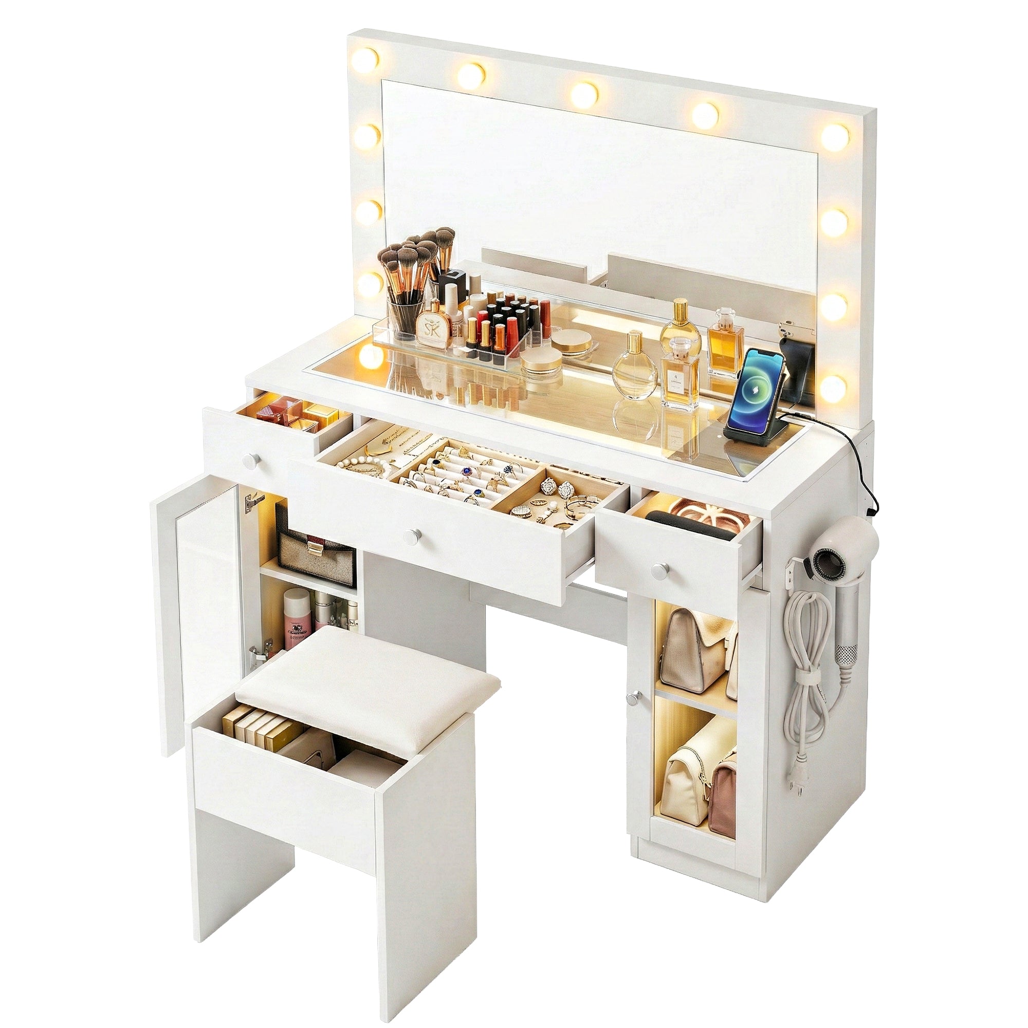 Dressing Table Vanity Desk Set with LED Bulbs and RGB Lighting - White