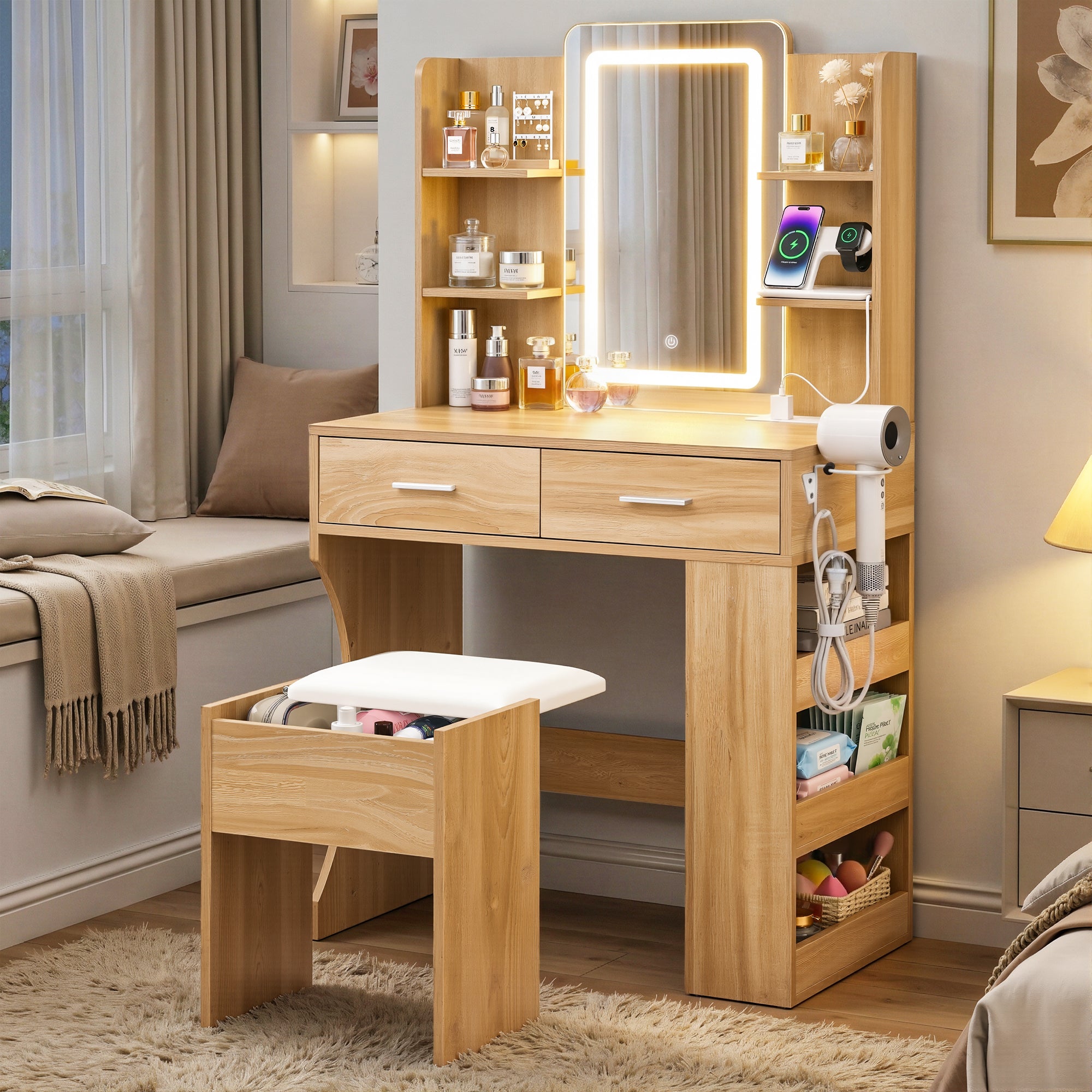 Dressing Table LED Vanity Desk Set with Stool and Charging Station - Wood