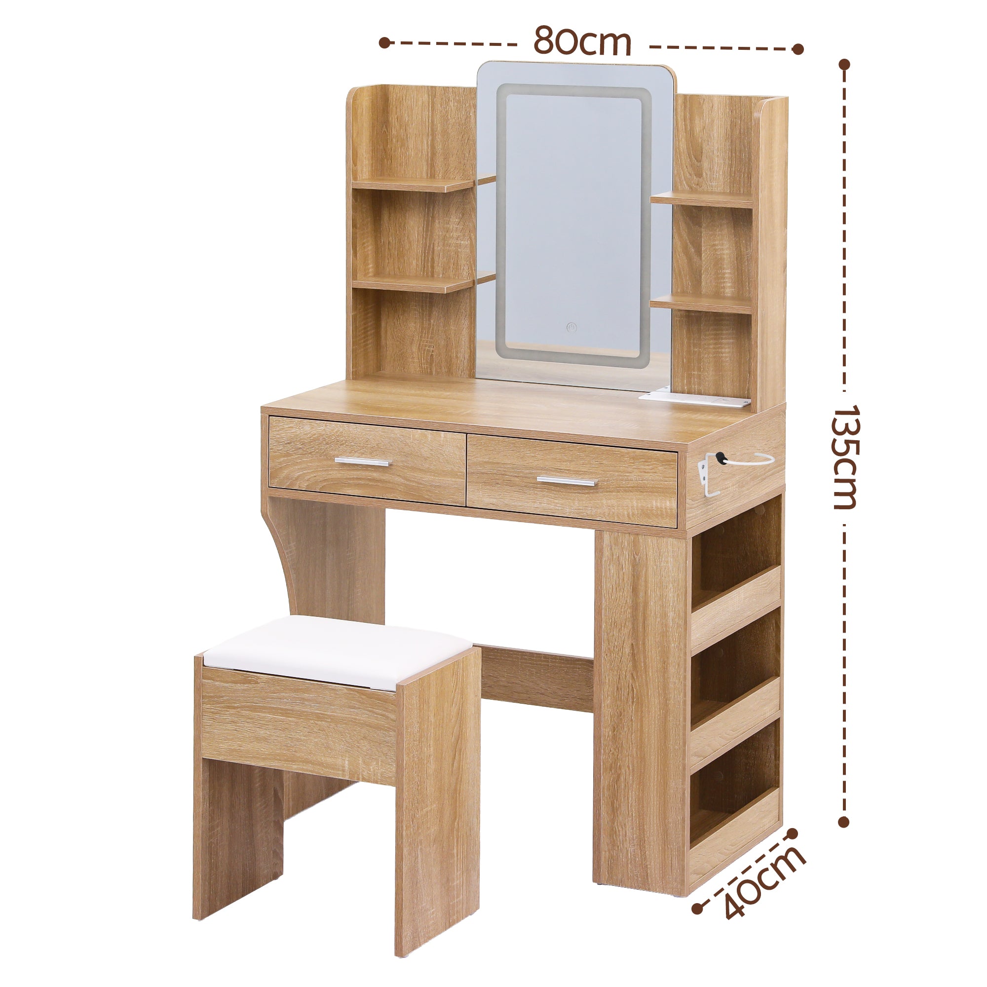 Dressing Table LED Vanity Desk Set with Stool and Charging Station - Wood