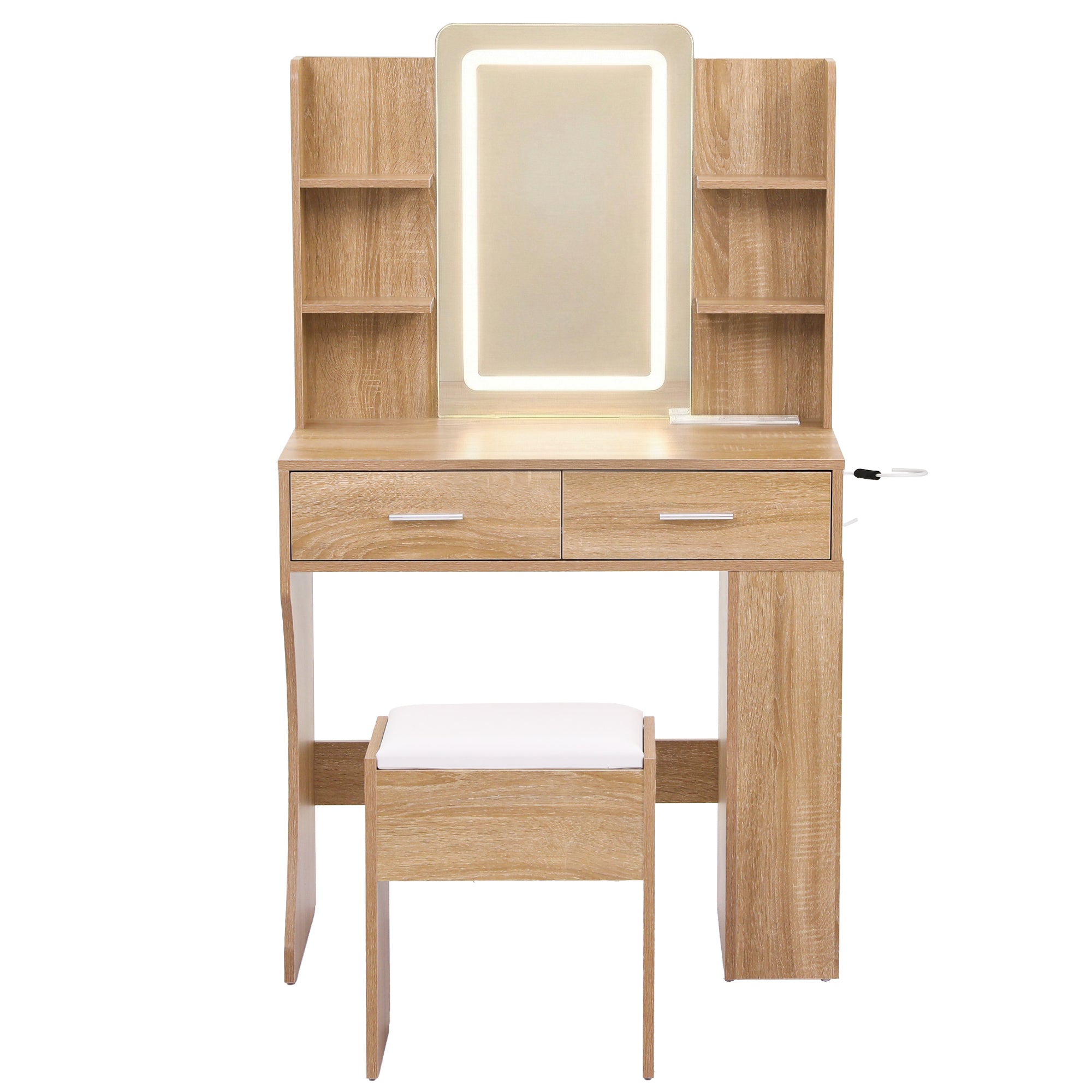 Dressing Table LED Vanity Desk Set with Stool and Charging Station - Wood