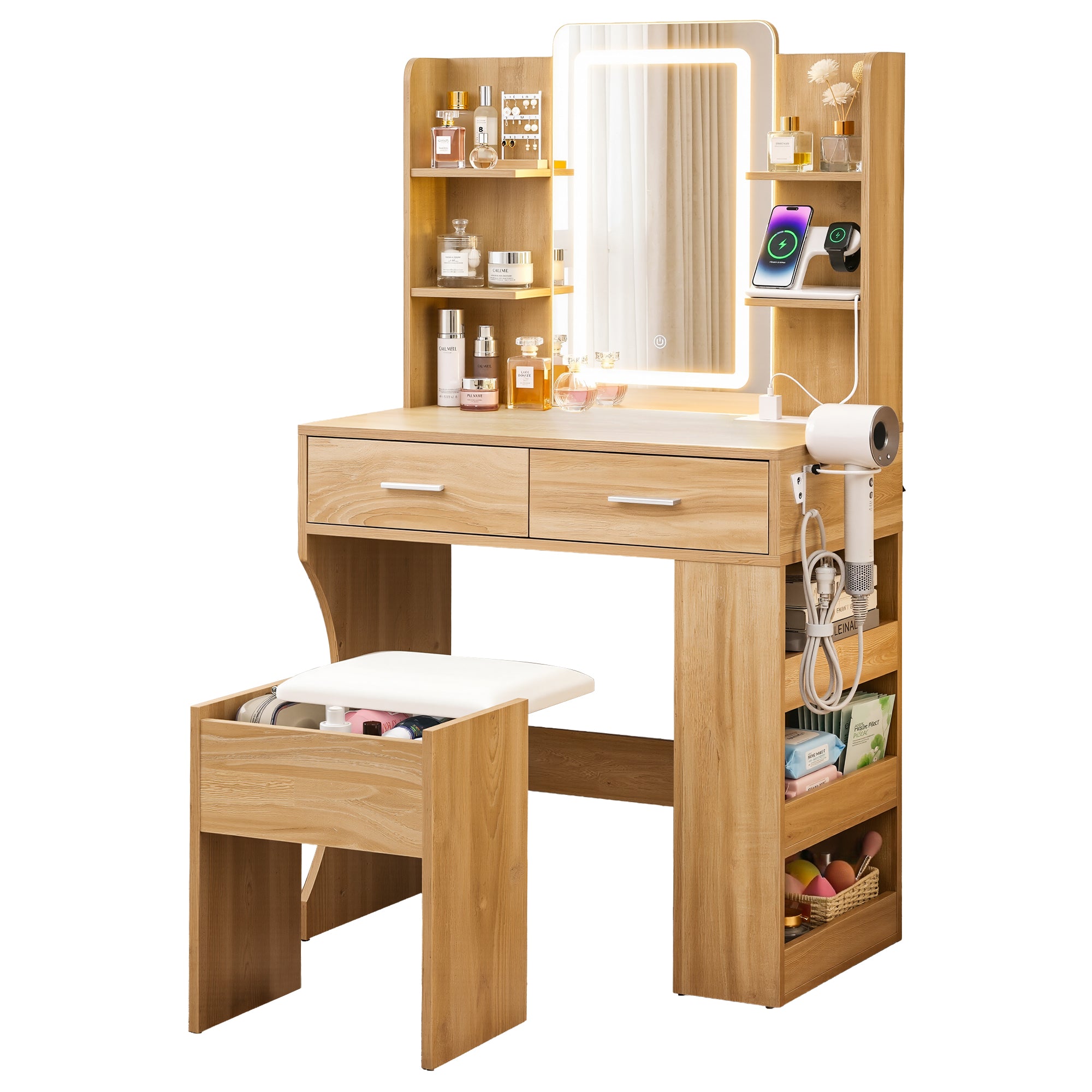Dressing Table LED Vanity Desk Set with Stool and Charging Station - Wood