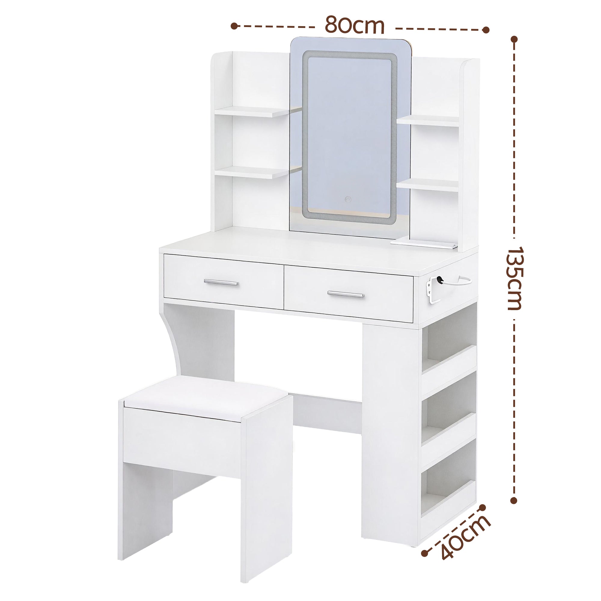 LED Dressing Table Vanity Desk Set with Stool and Charging Station - White