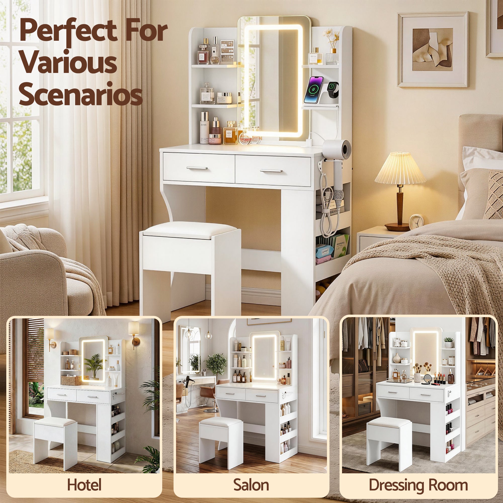 LED Dressing Table Vanity Desk Set with Stool and Charging Station - White