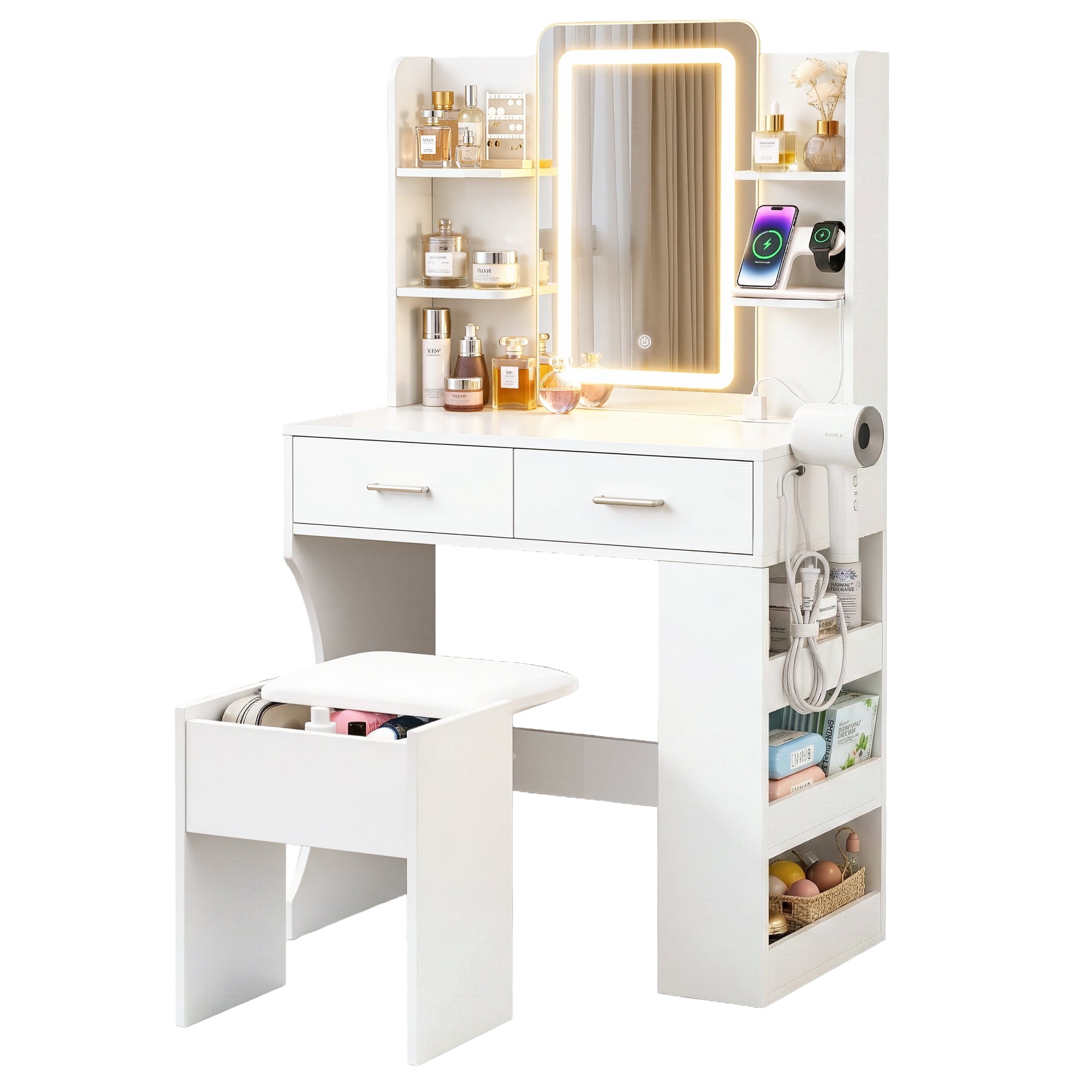 LED Dressing Table Vanity Desk Set with Stool and Charging Station - White