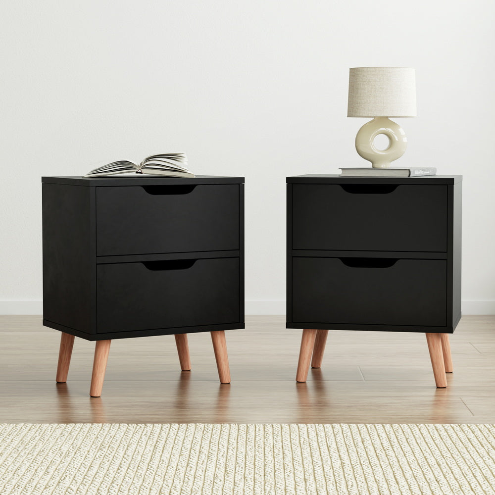 2 x Bedside Table 2 Drawers - BODEN Black