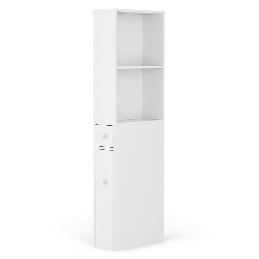 Bathroom Cabinet Storage Slim Organiser Drawer Toilet Corner 135cm White with open shelves, drawer, and pull-out cabinet on wheels