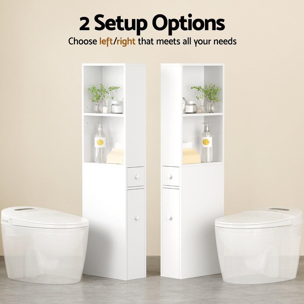 Bathroom Cabinet Storage Slim Organiser Drawer Toilet Corner 135cm White shown in two setup options with open shelves and closed compartments.