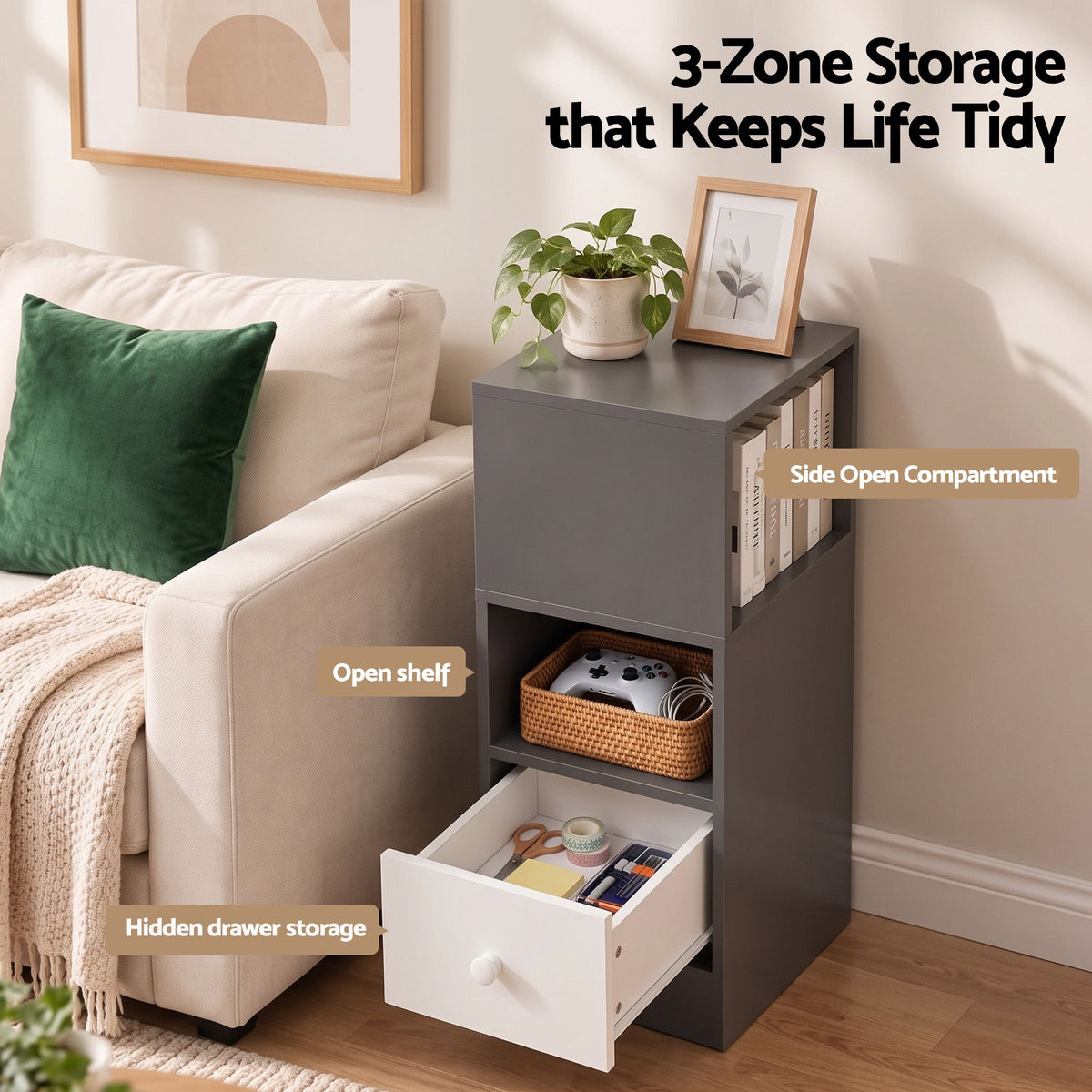 Narrow Bedside Table Small Side Cabinet with 1 Drawer - Grey
