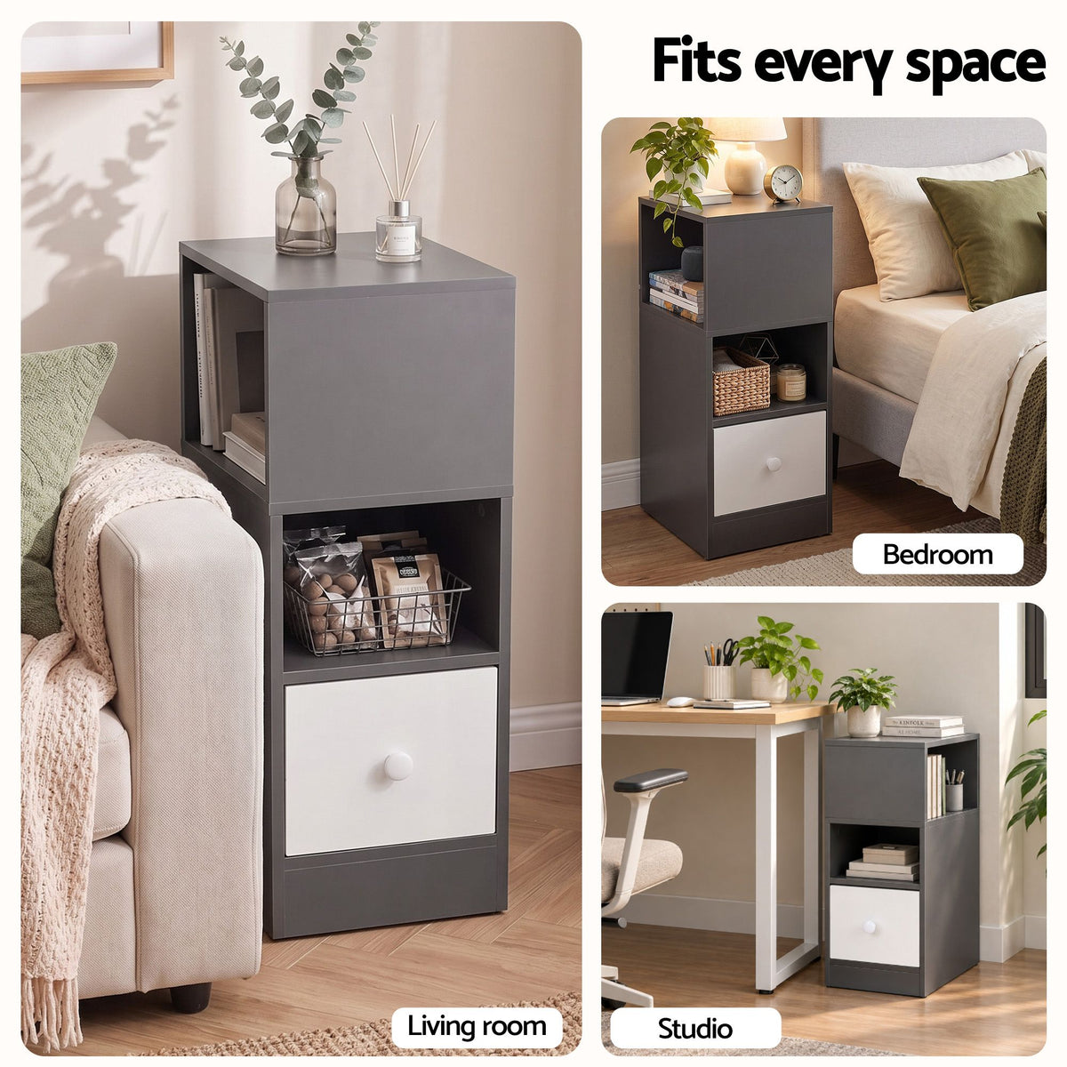 Narrow Bedside Table Small Side Cabinet with 1 Drawer - Grey