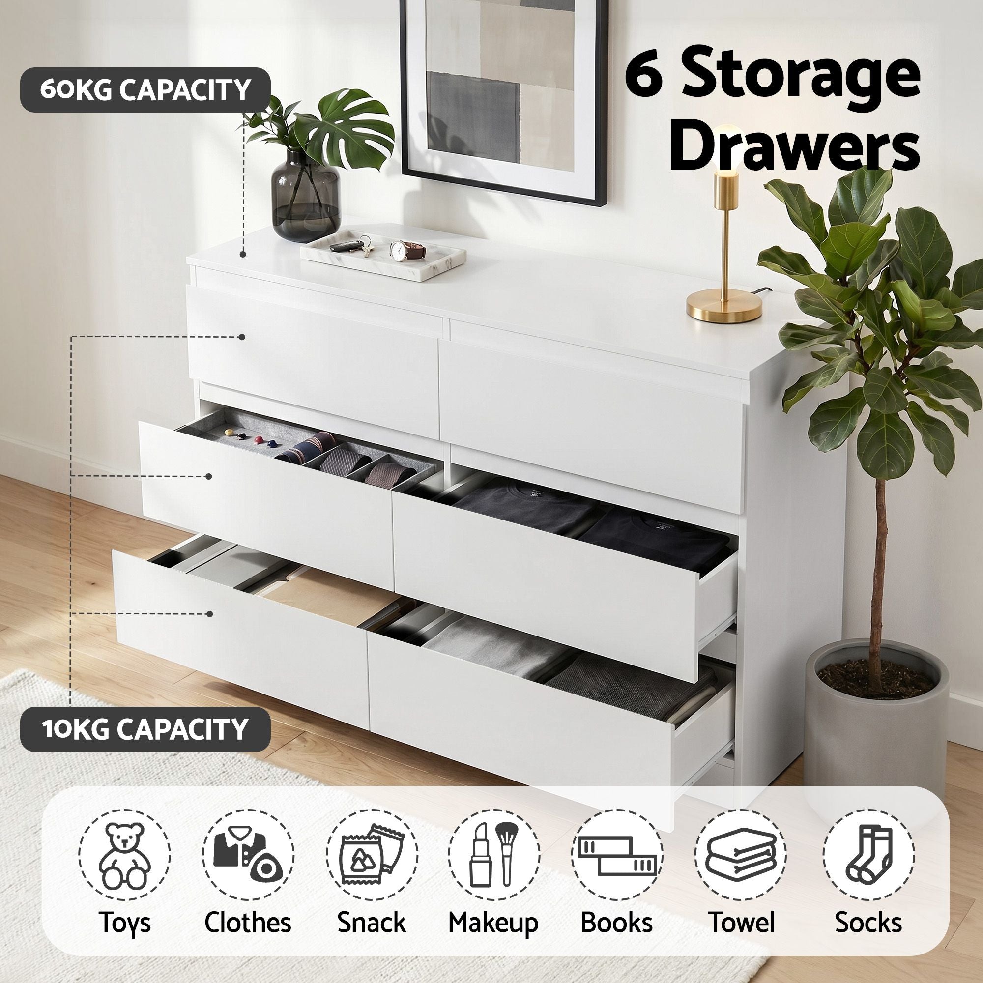 6 Chest of Drawers Lowboy White