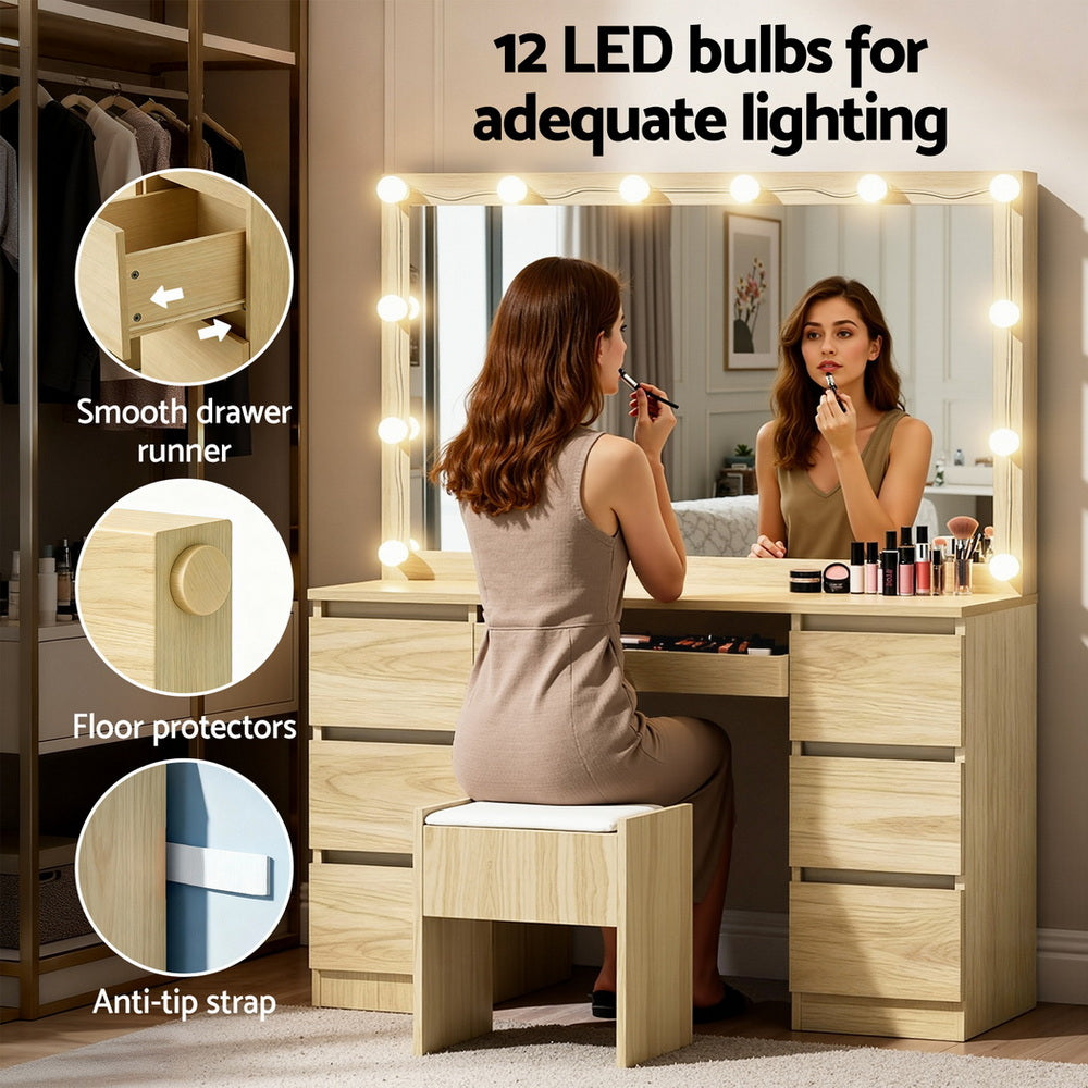Dressing Table Vanity Desk Set Stool 12 Led Bulbs Wood