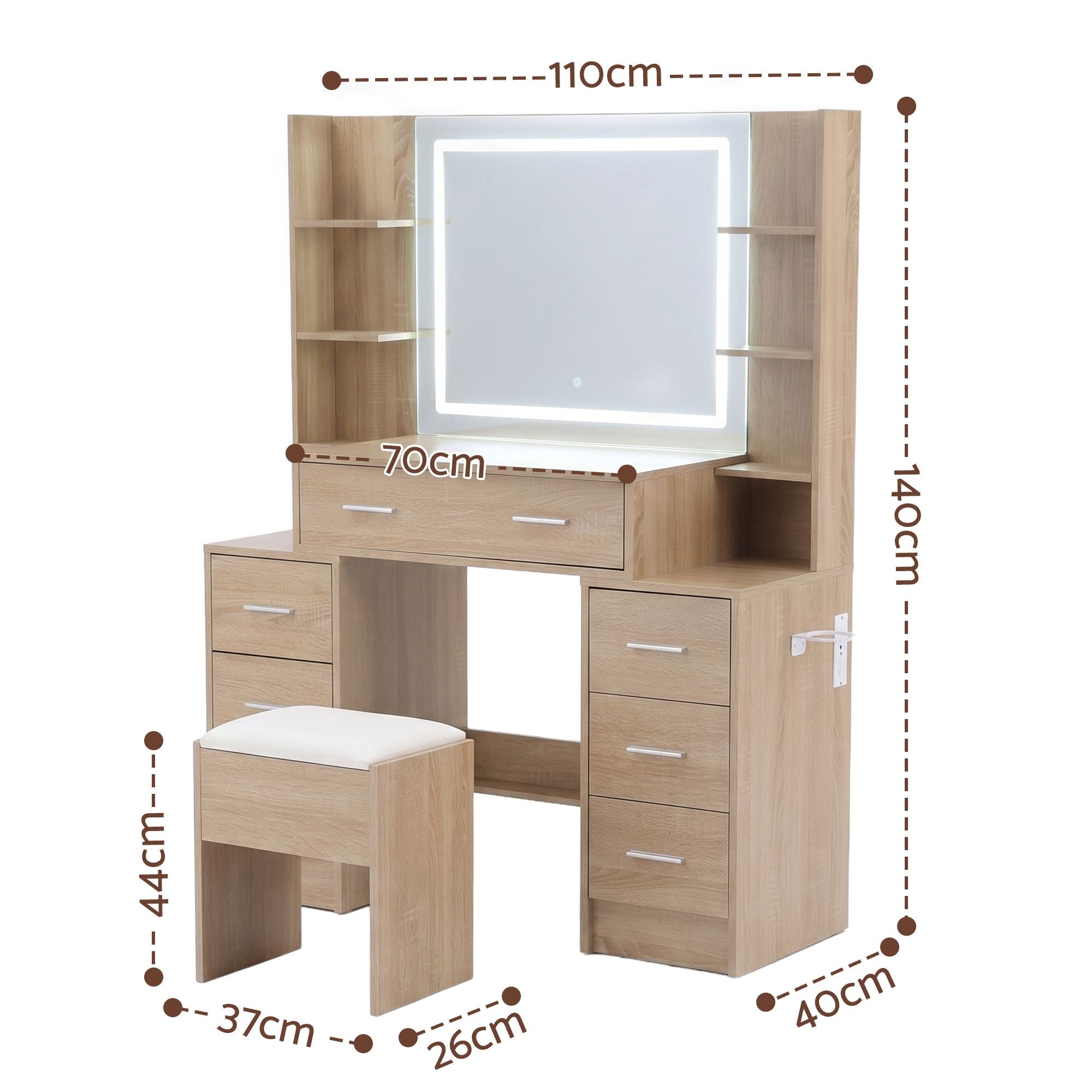 Dressing Table Vanity Desk Set with LED Mirror and Charging Station - Wood