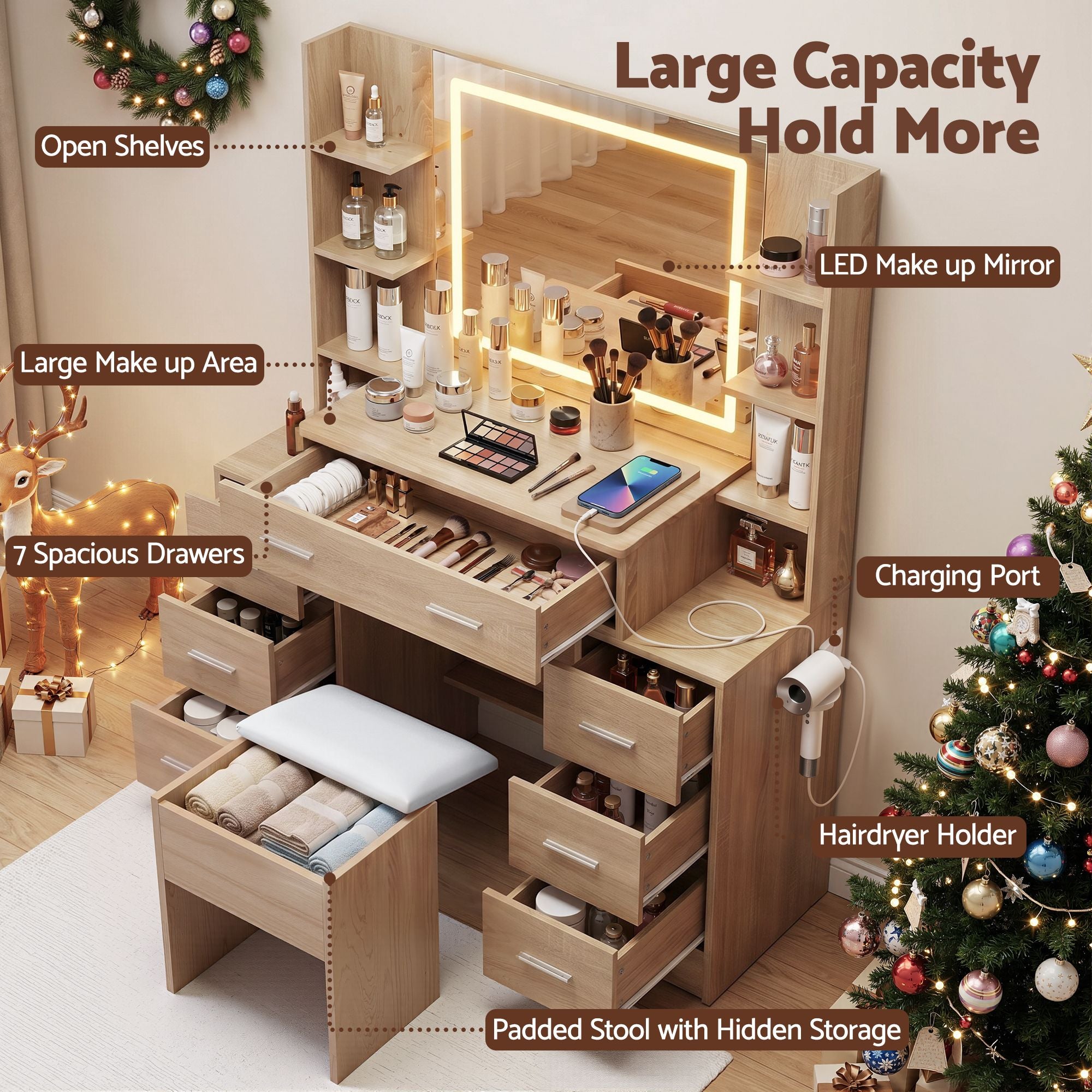 Dressing Table Vanity Desk Set with LED Mirror and Charging Station - Wood