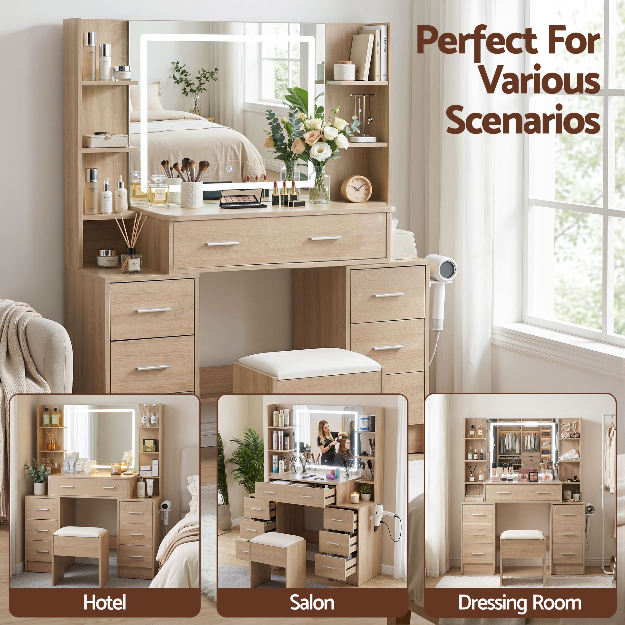 Dressing Table Vanity Desk Set with LED Mirror and Charging Station - Wood