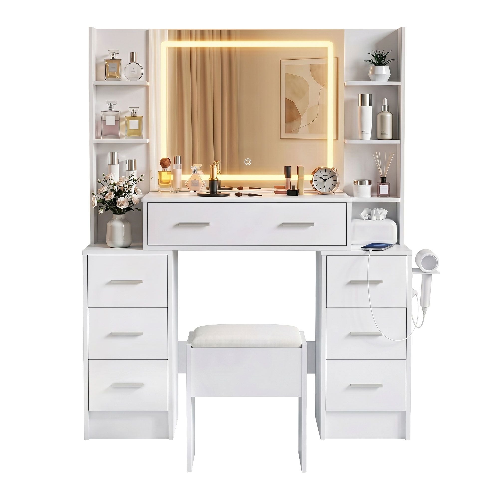 Dressing Table Vanity Desk Set with LED Mirror and Charging Station - White