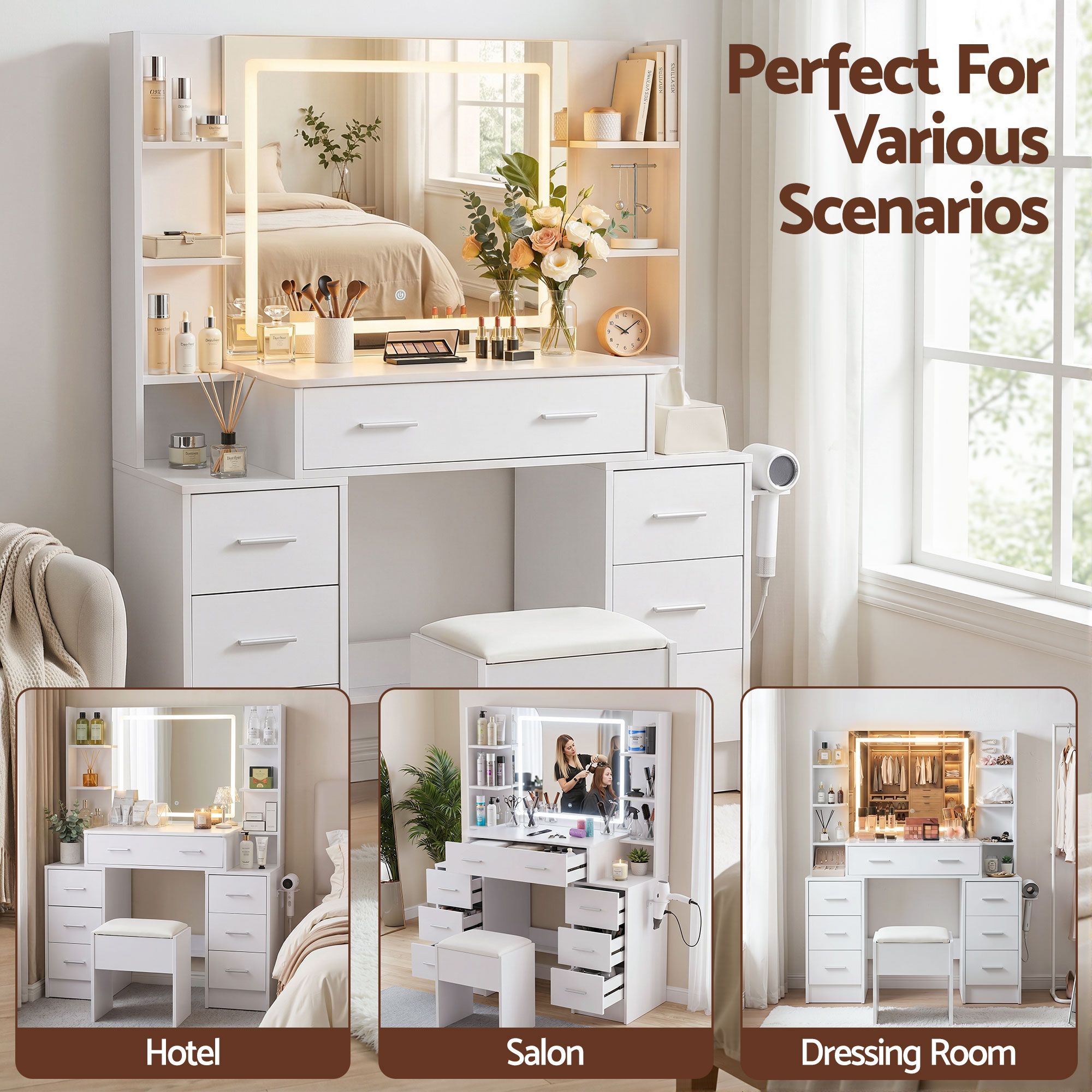 Dressing Table Vanity Desk Set with LED Mirror and Charging Station - White