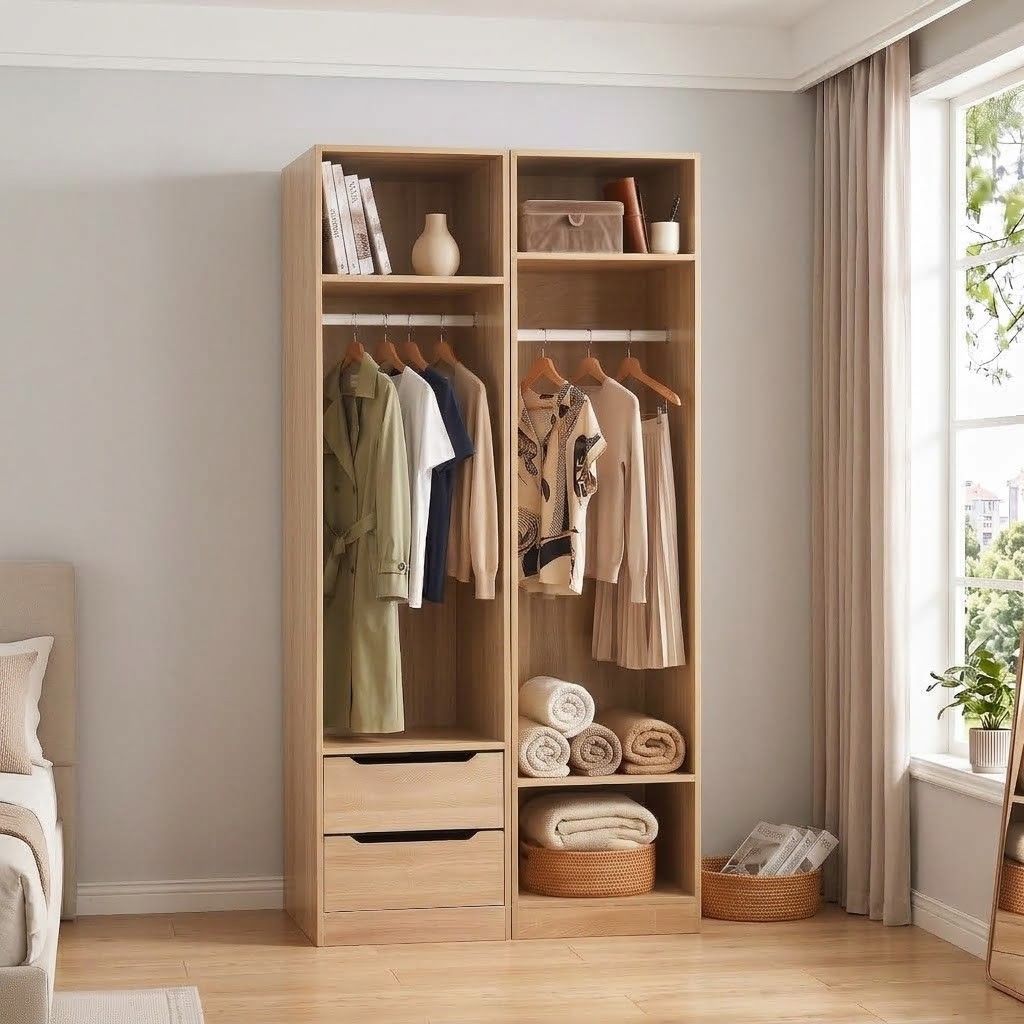 2X Wardrobe Closet with Shelves and Drawers Pine