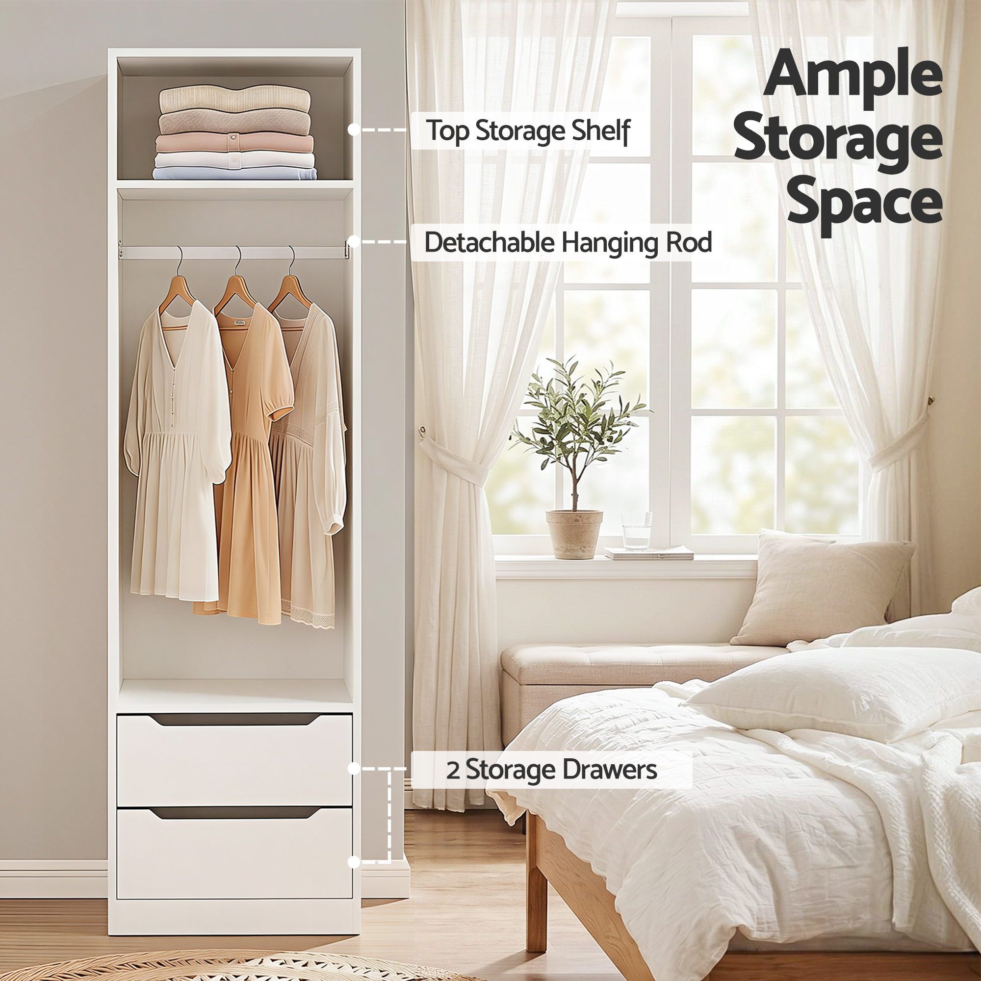 Wardrobe Clothes Closet Storage Organizer with Drawers and Hanging Rod - White