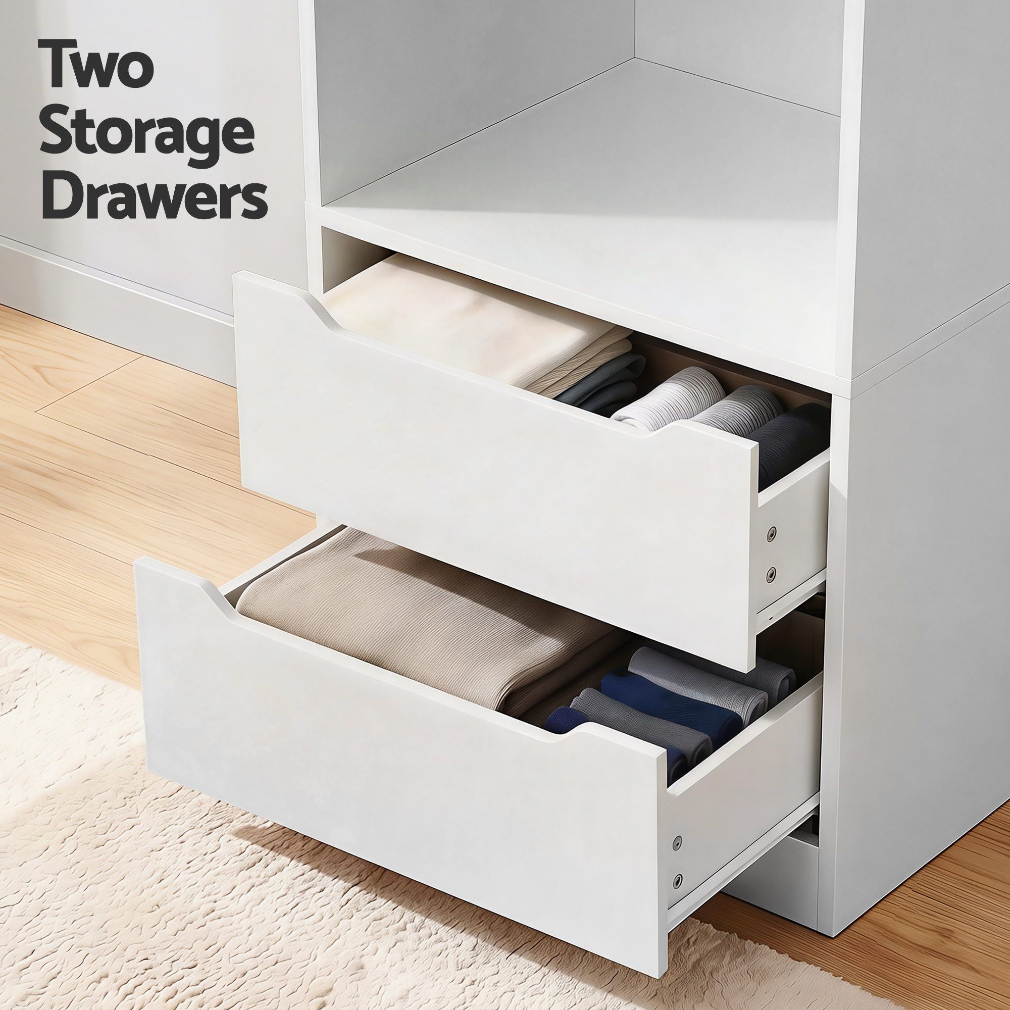 Wardrobe Clothes Closet Storage Organizer with Drawers and Hanging Rod - White