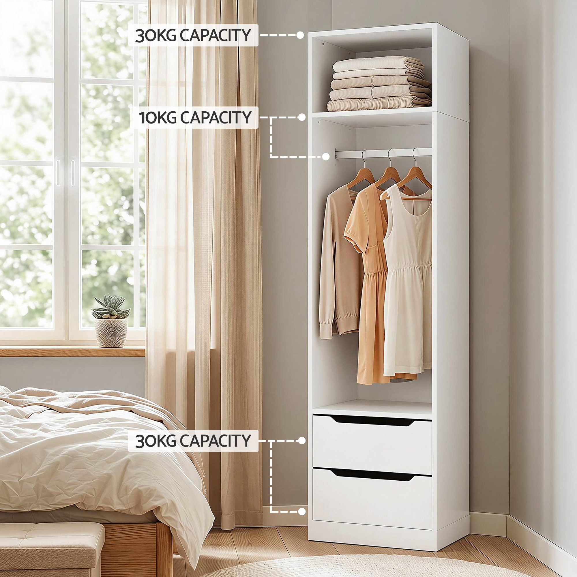 Wardrobe Clothes Closet Storage Organizer with Drawers and Hanging Rod - White