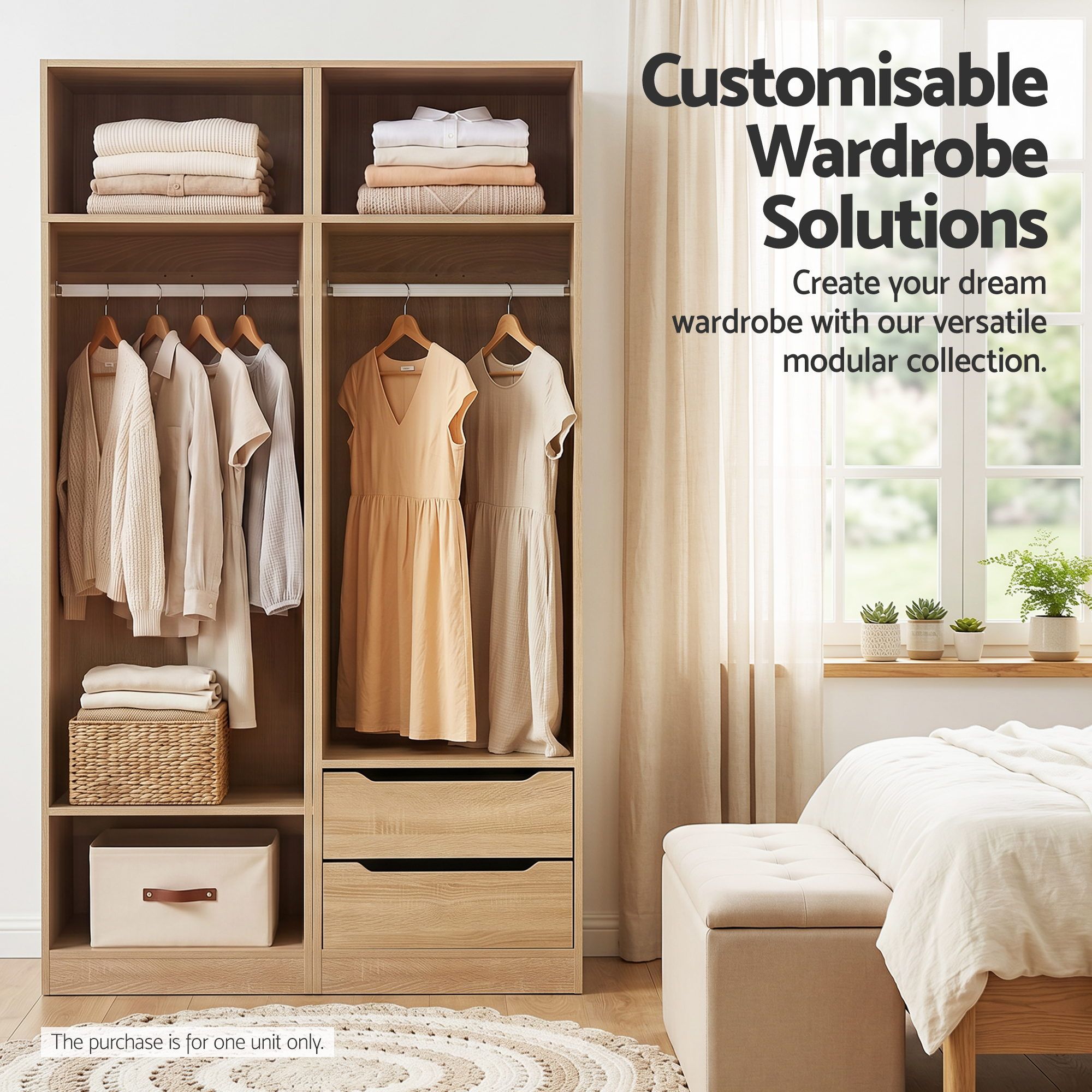 Wardrobe Clothes Closet Storage Organizer Shelf with Hanging Rod - Pine